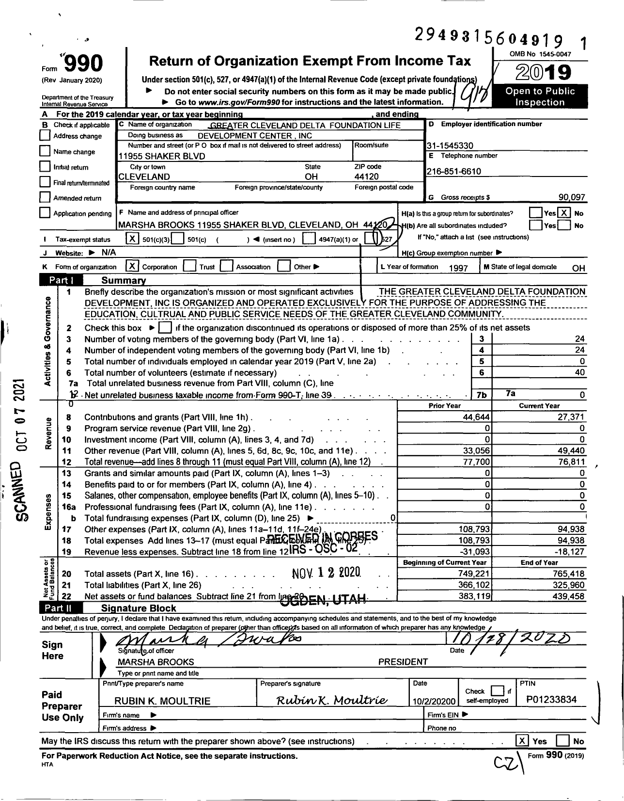 Image of first page of 2019 Form 990 for GREATER CLEVELAND DELTA FOUNDATION lIFE DEVELOPMENT CENTER