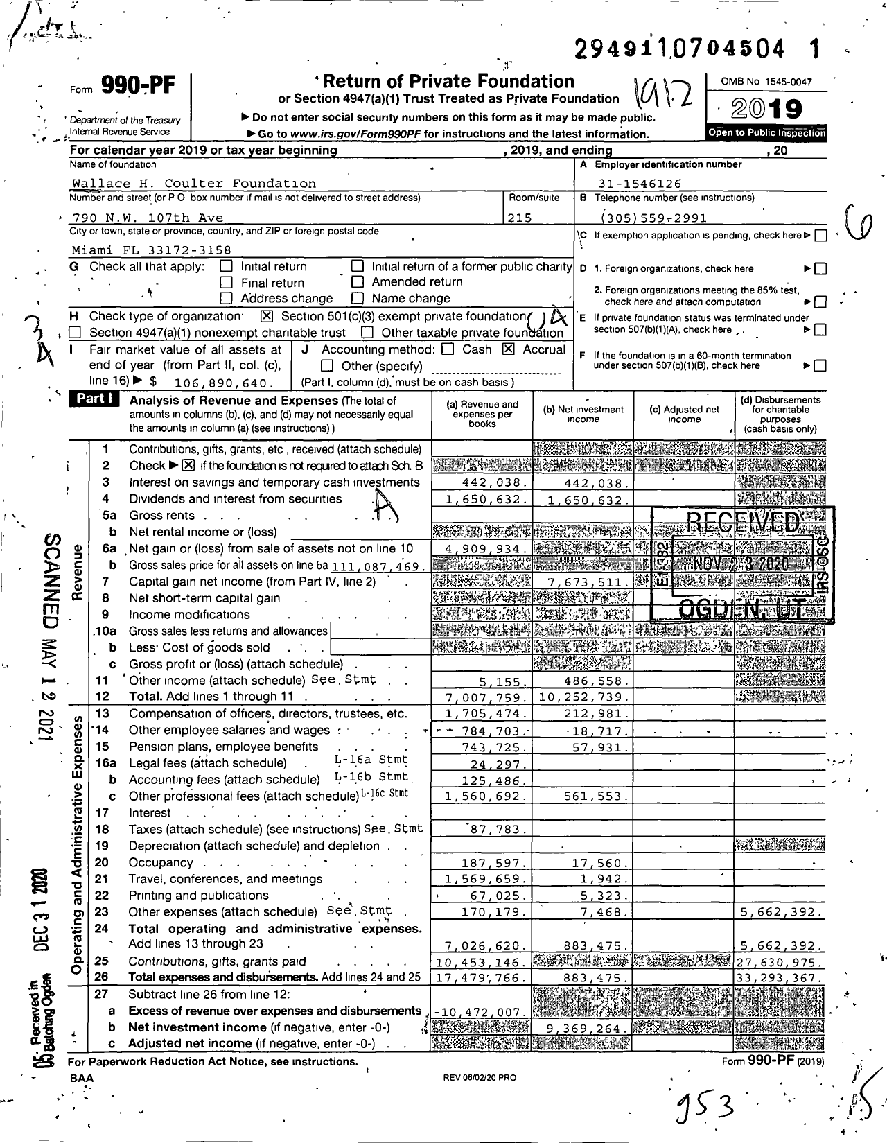 Image of first page of 2019 Form 990PF for Wallace H. Coulter Foundation