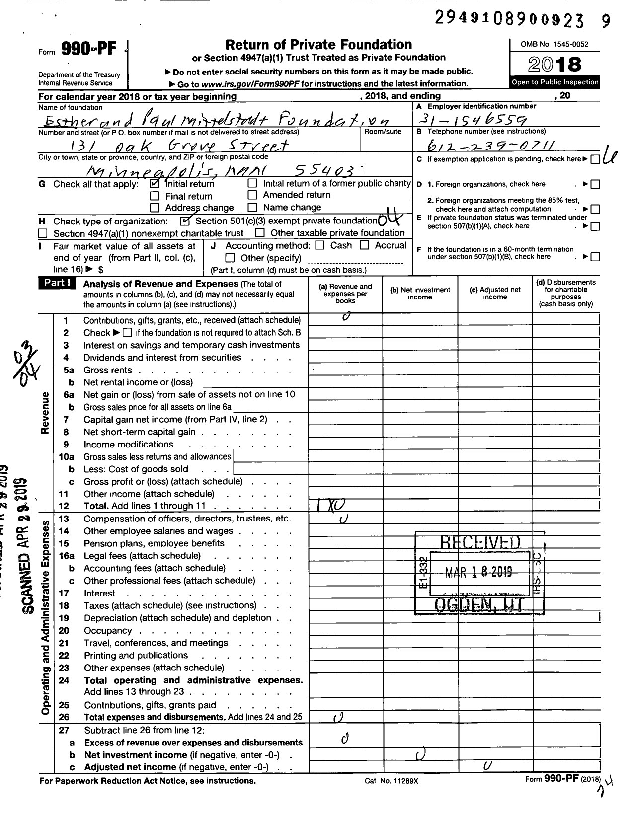 Image of first page of 2018 Form 990PF for Esther and Paul E Mittelstadt Foundation