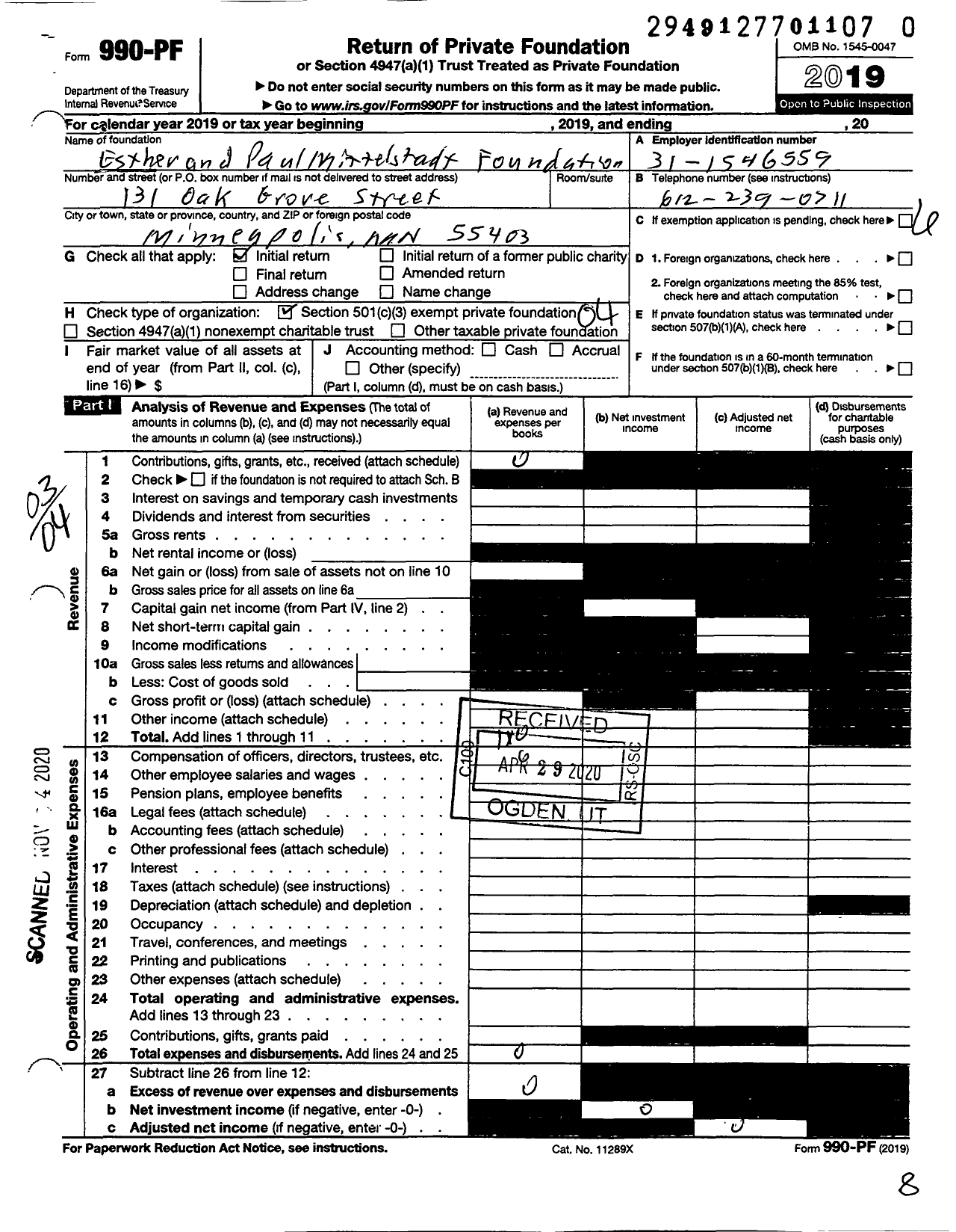 Image of first page of 2019 Form 990PF for Esther and Paul E Mittelstadt Foundation