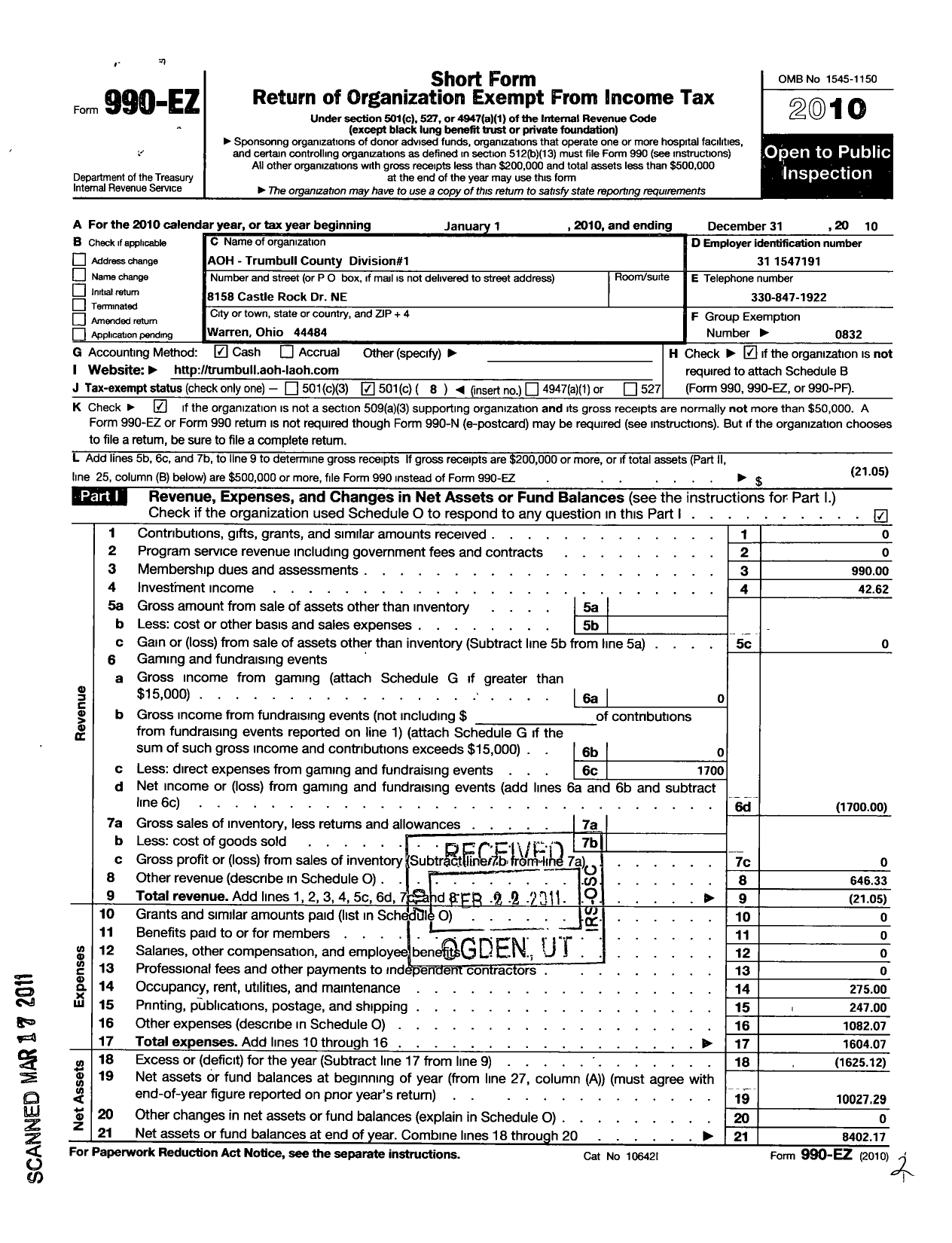 Image of first page of 2010 Form 990EO for Ancient Order of Hibernians in America