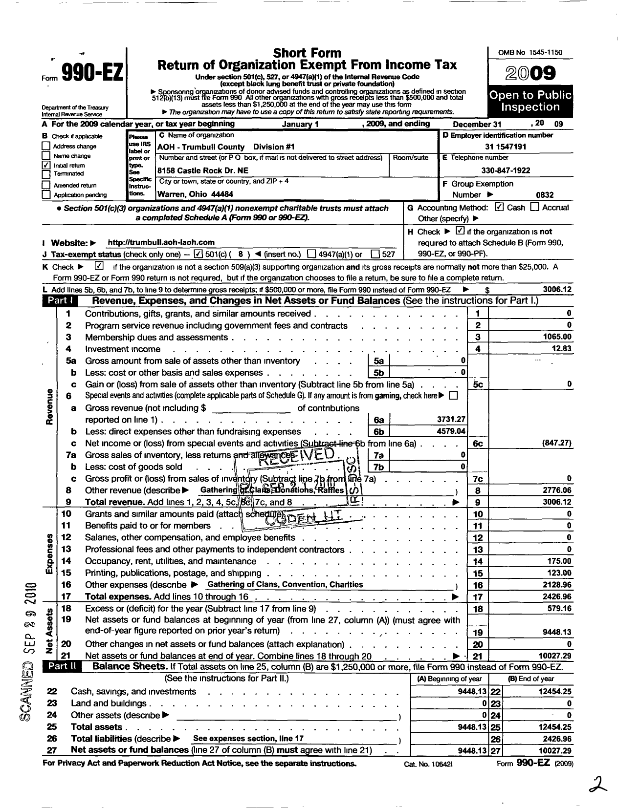 Image of first page of 2009 Form 990EO for Ancient Order of Hibernians in America