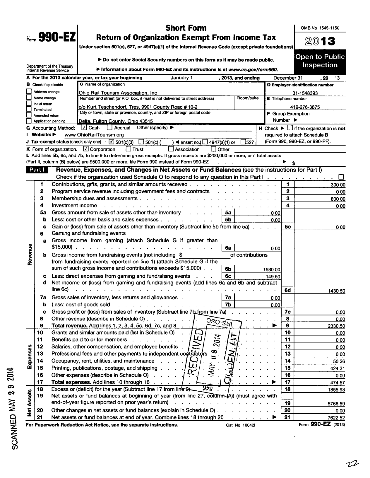 Image of first page of 2013 Form 990EZ for The Ohio Rail Tourism Association