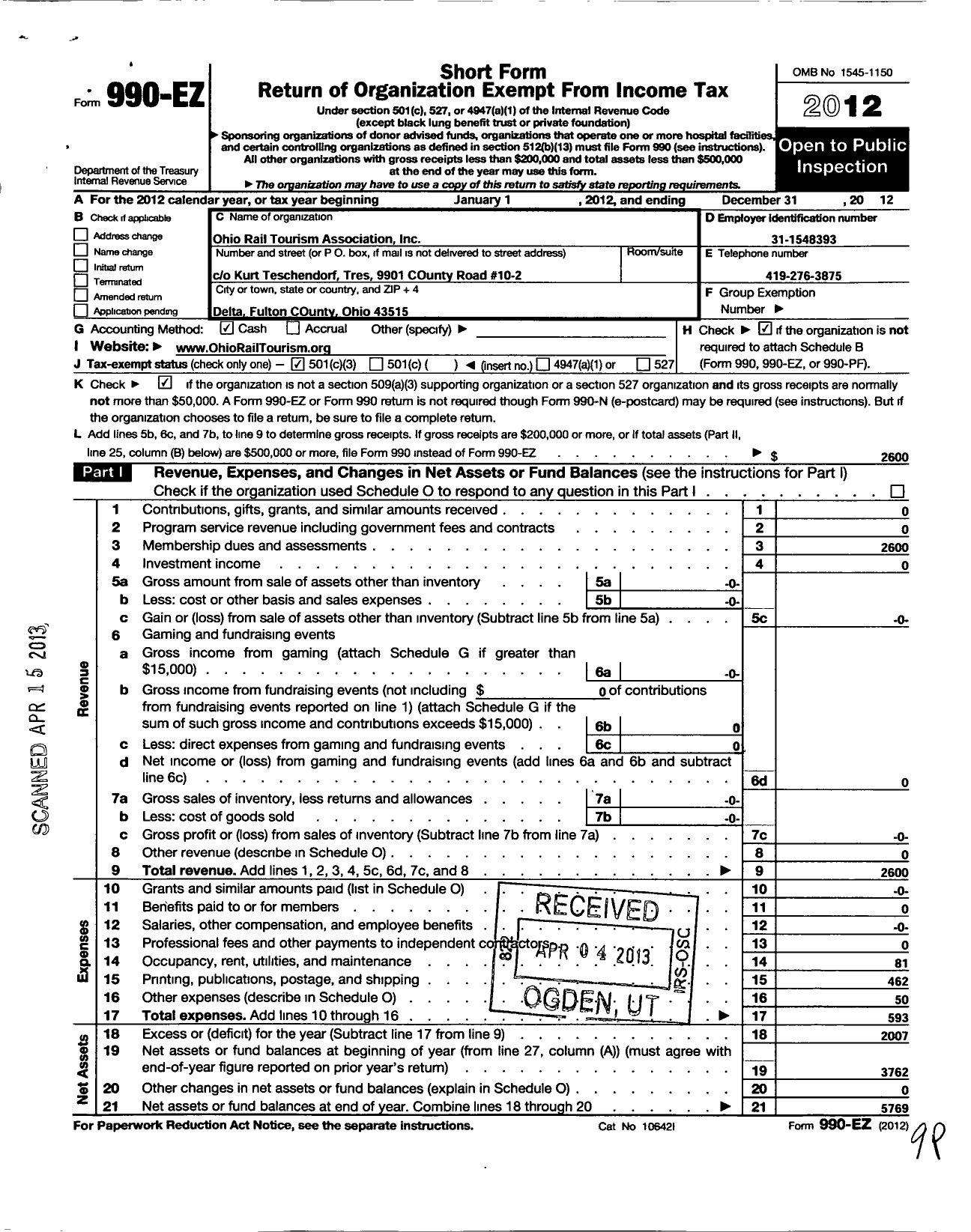 Image of first page of 2012 Form 990EZ for The Ohio Rail Tourism Association