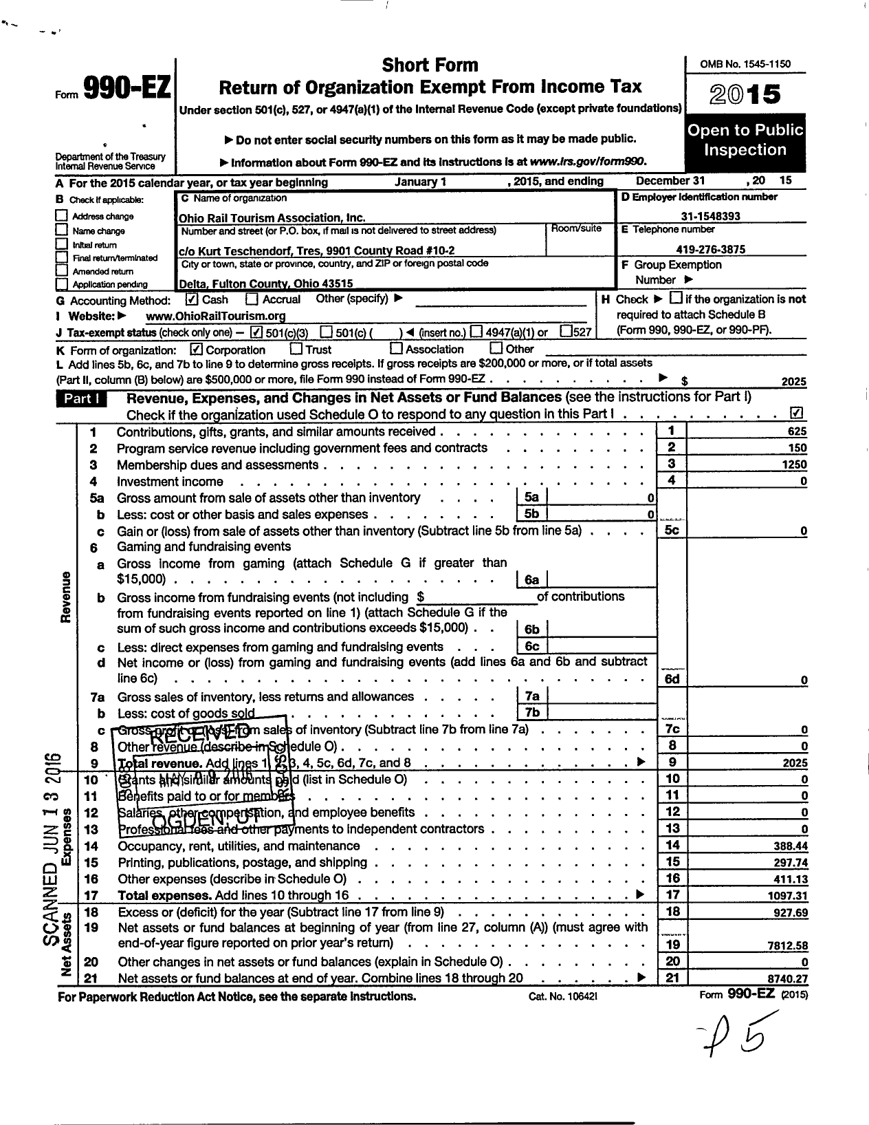 Image of first page of 2015 Form 990EZ for The Ohio Rail Tourism Association