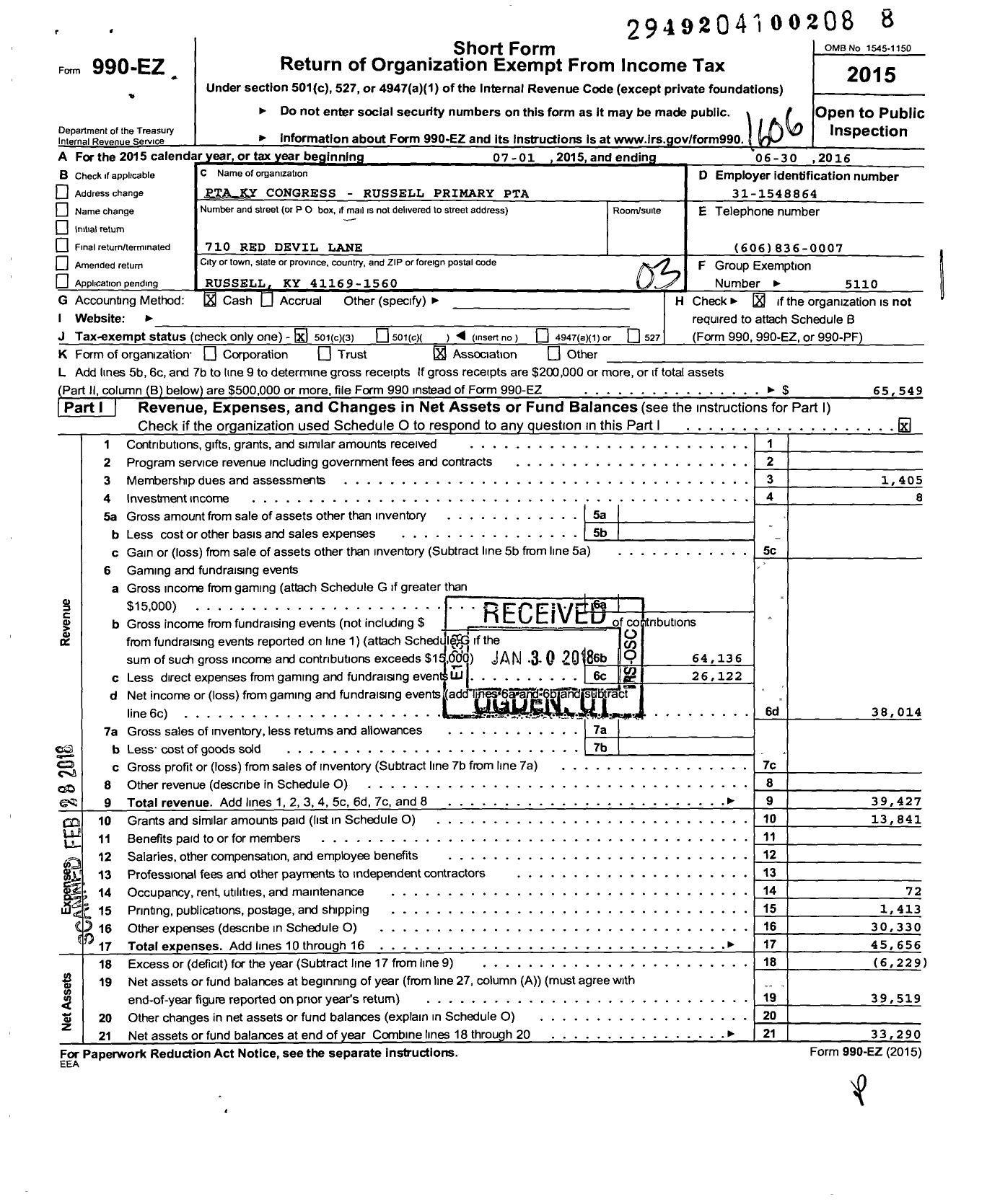 Image of first page of 2015 Form 990EZ for PTA Kentucky Congress / Russell Primary PTA