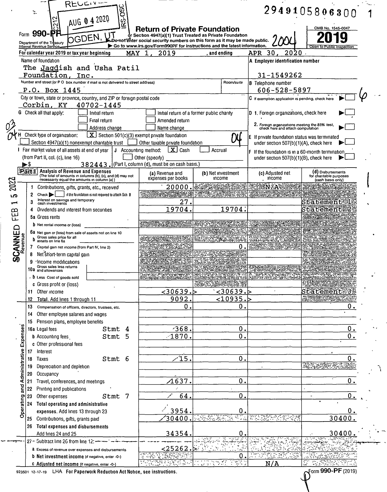 Image of first page of 2019 Form 990PF for The Jagdish and Usha Patil Foundation