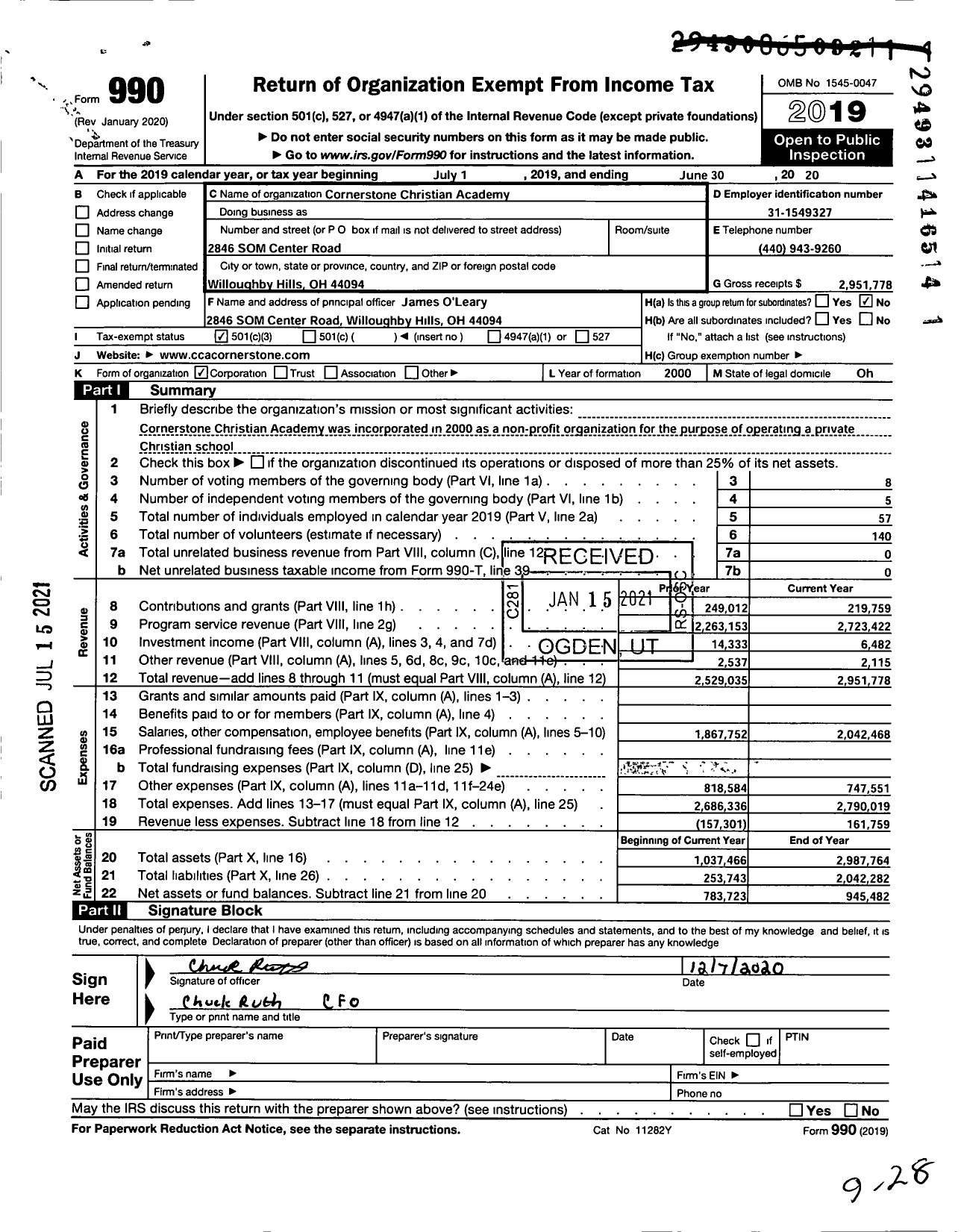 Image of first page of 2019 Form 990 for Cornerstone Christian Academy