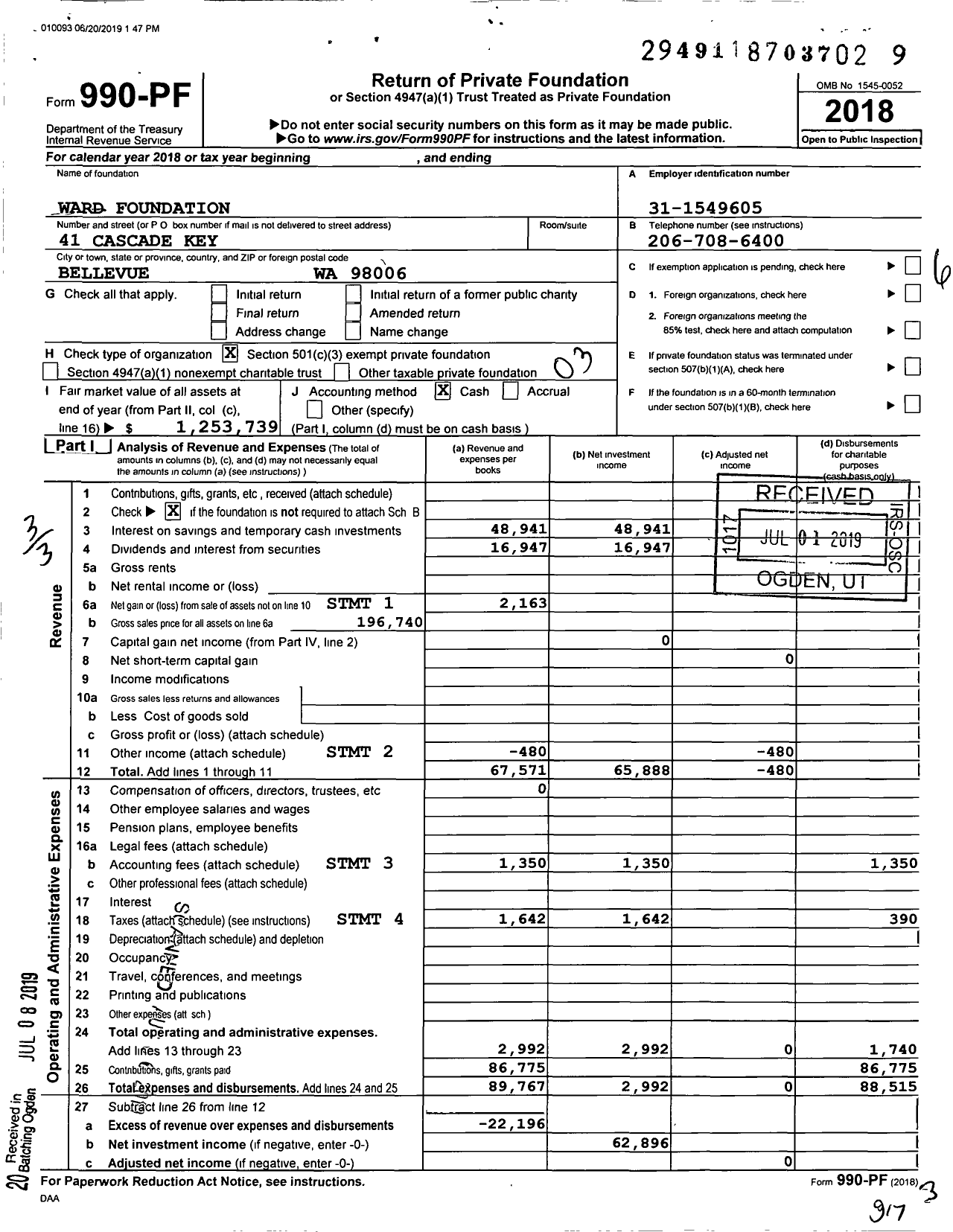 Image of first page of 2018 Form 990PF for Ward Foundation