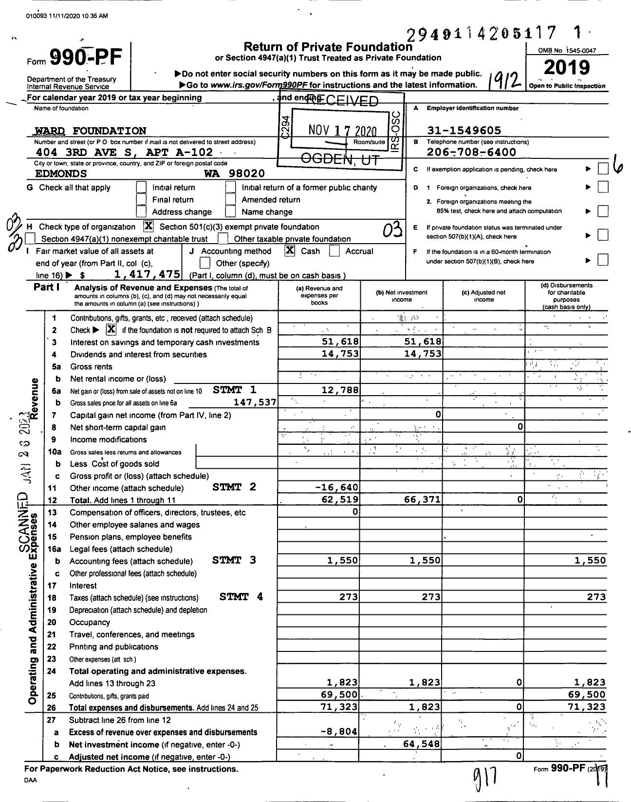 Image of first page of 2019 Form 990PF for Ward Foundation