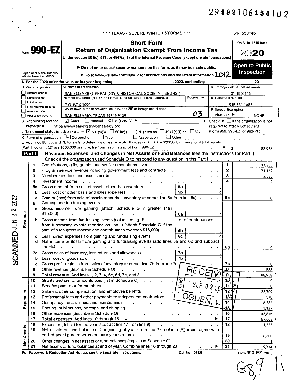 Image of first page of 2020 Form 990EZ for San Elizario Genealogy and Historical Society