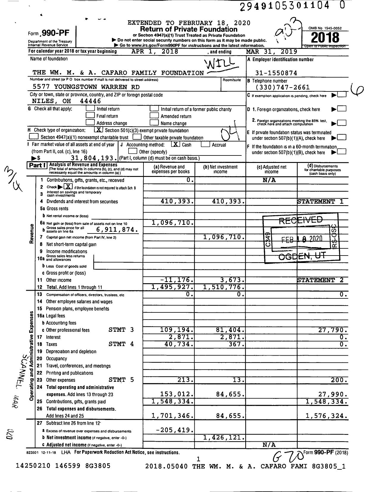 Image of first page of 2018 Form 990PR for The WM M and A Cafaro Family Foundation