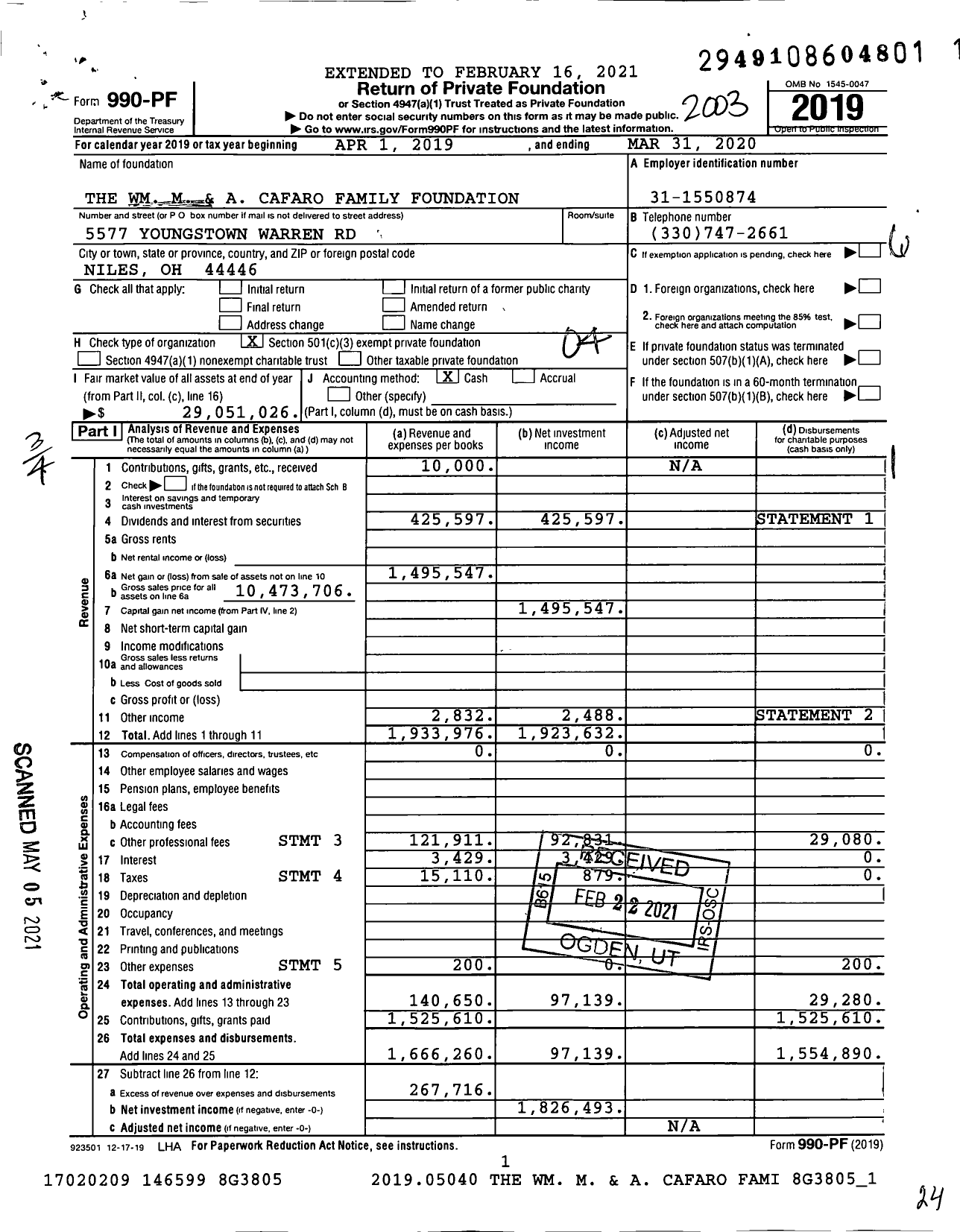 Image of first page of 2019 Form 990PF for The WM M and A Cafaro Family Foundation