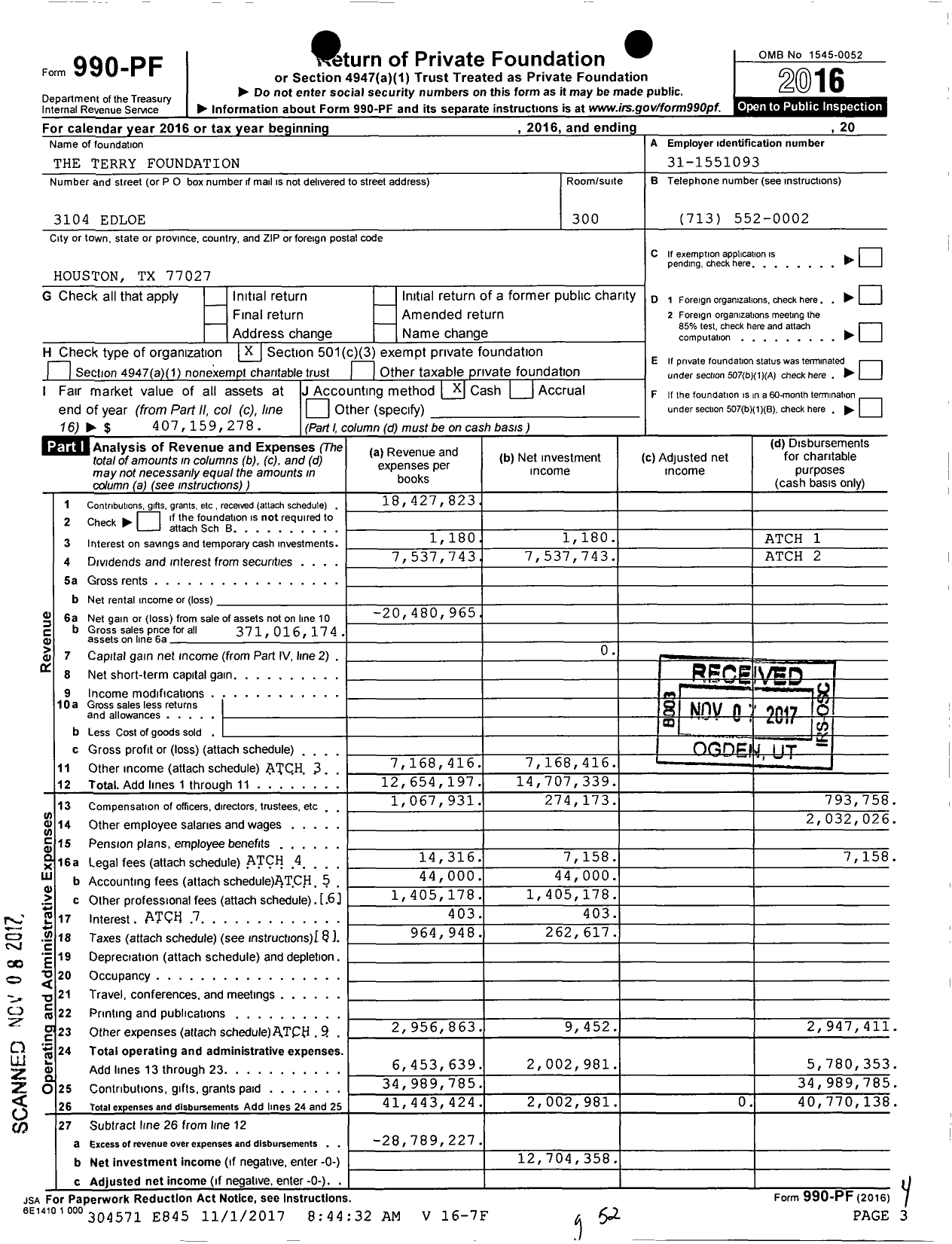 Image of first page of 2016 Form 990PF for Terry Foundation