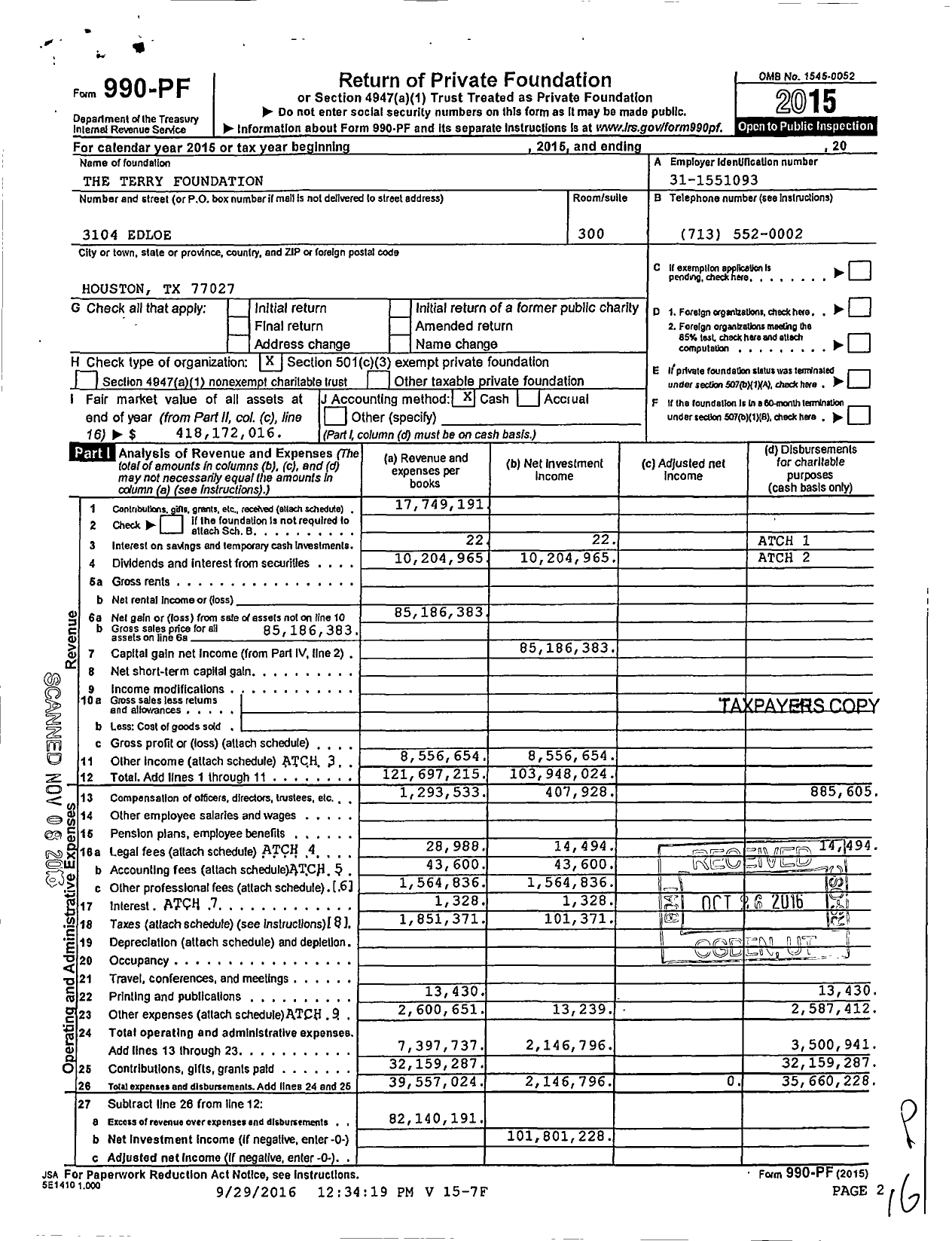 Image of first page of 2015 Form 990PF for Terry Foundation