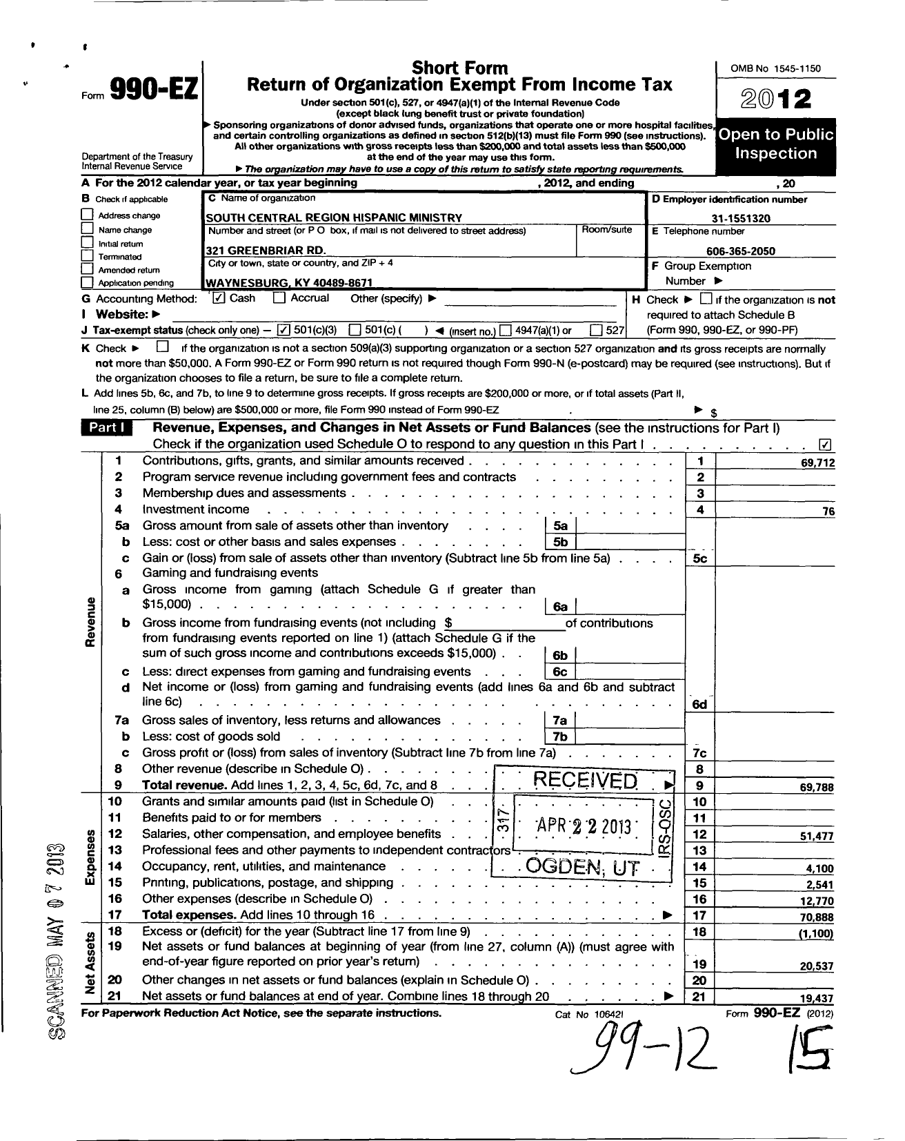 Image of first page of 2012 Form 990EZ for South Central Region Hispanic Ministry