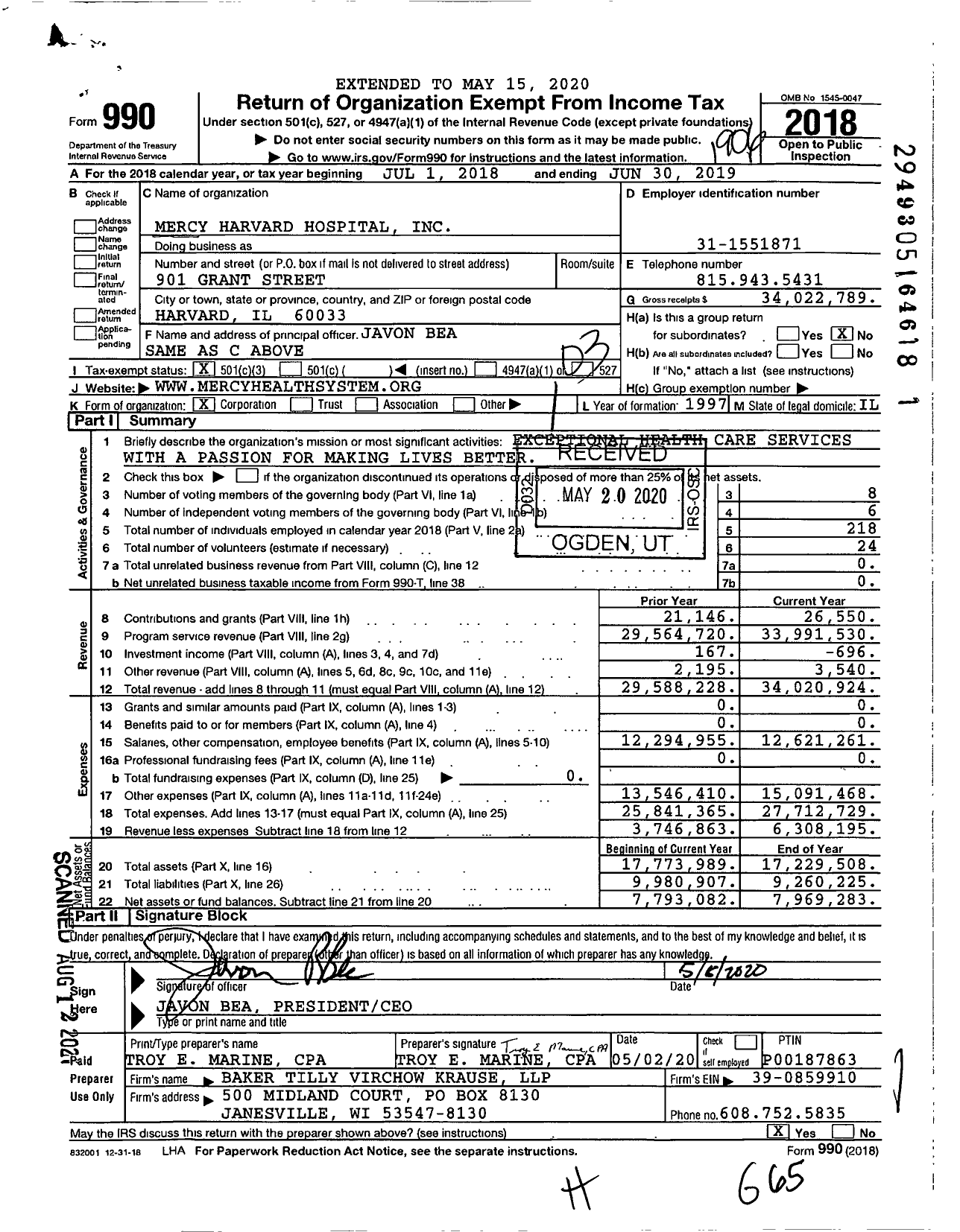 Image of first page of 2018 Form 990 for Mercy Harvard Hospital