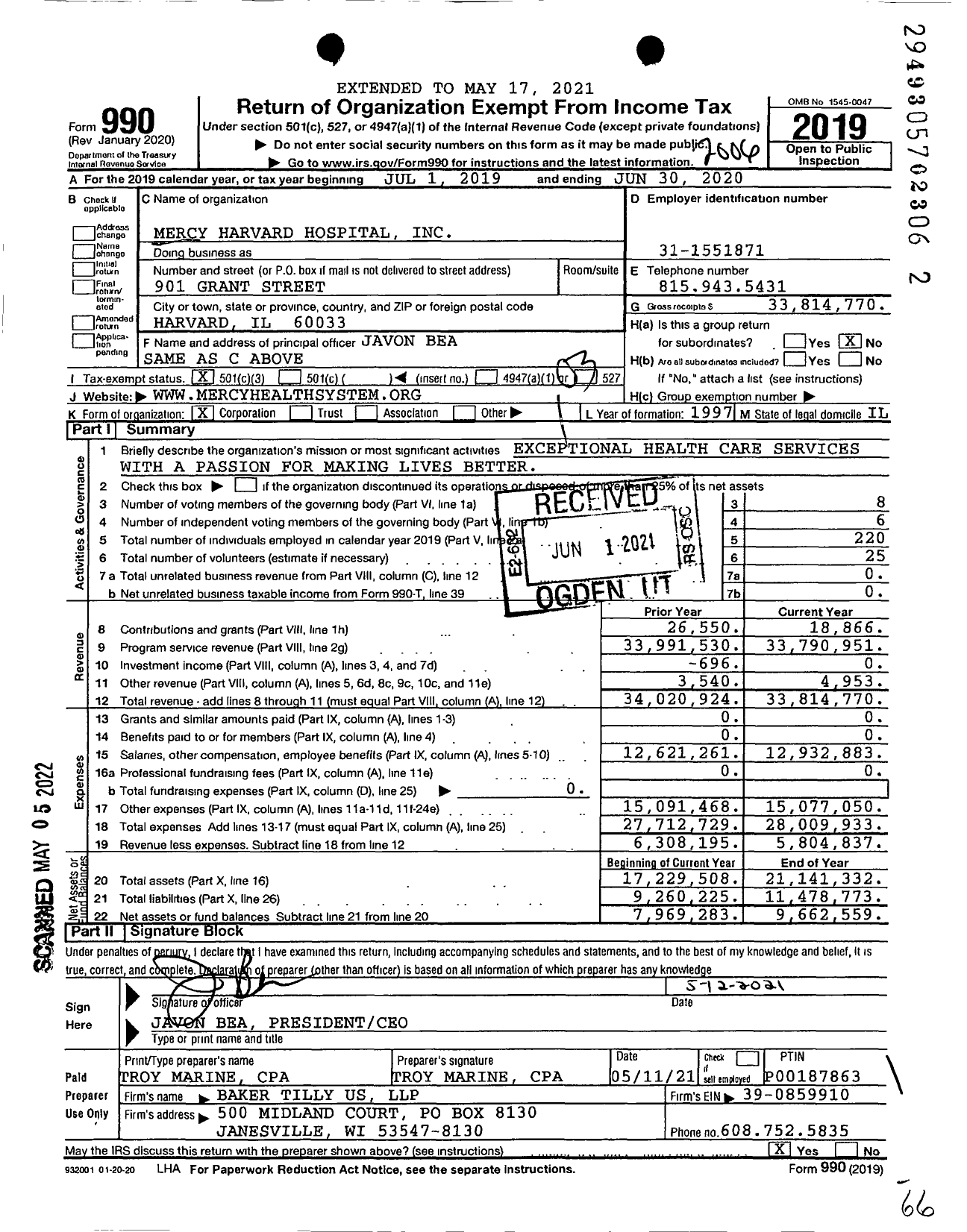 Image of first page of 2019 Form 990 for Mercy Harvard Hospital