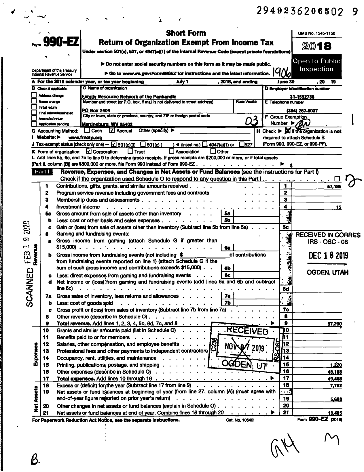 Image of first page of 2018 Form 990EZ for Family Resource Network of the Panhandle