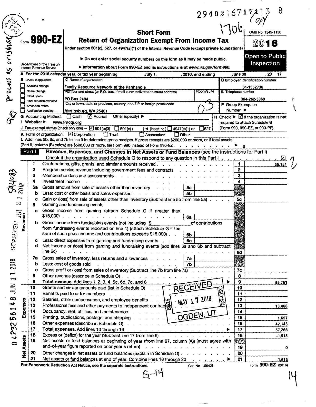 Image of first page of 2016 Form 990EZ for Family Resource Network of the Panhandle