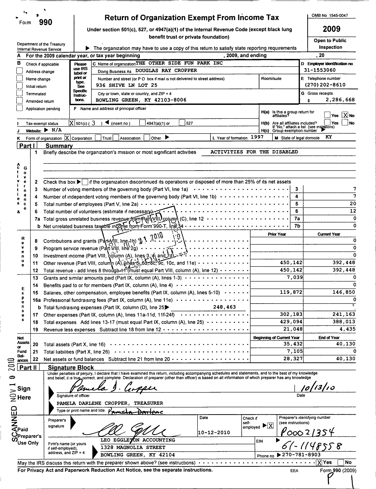 Image of first page of 2009 Form 990 for Other Side Fun Park