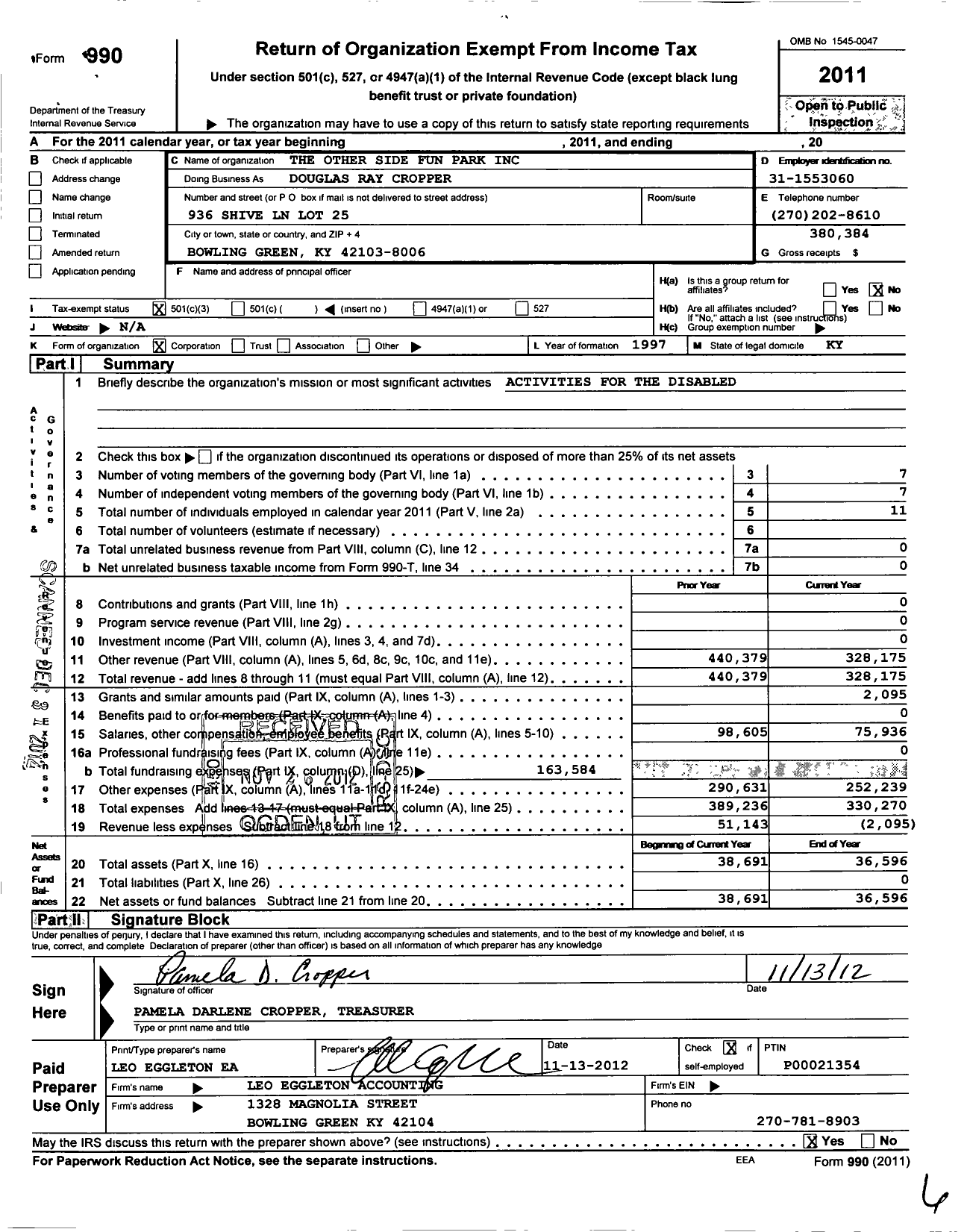 Image of first page of 2011 Form 990 for Other Side Fun Park