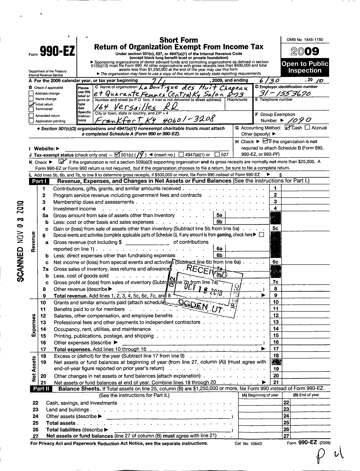 Image of first page of 2009 Form 990EO for Salon National Laboutique Des Huit Chapeaux Et Quarante Femmes - 873 Central Ky Petit Salon