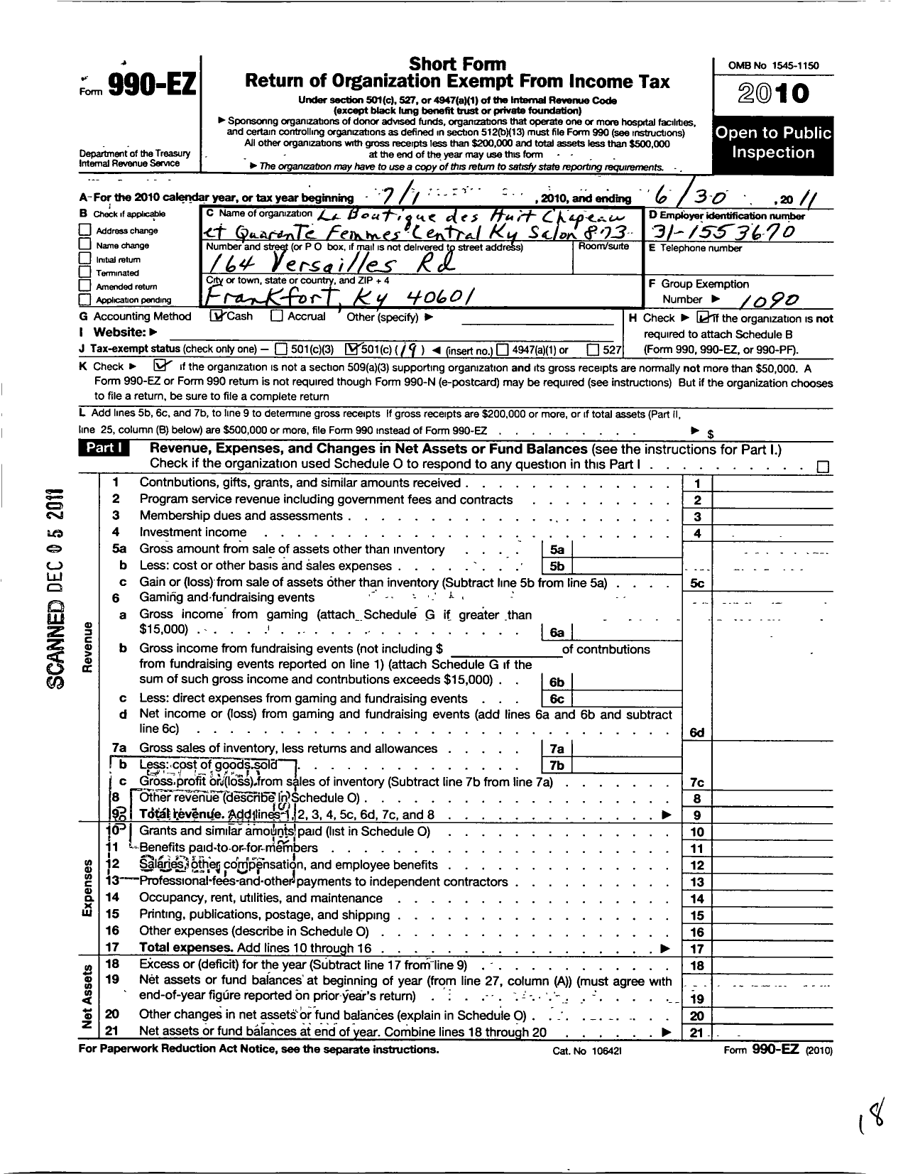 Image of first page of 2010 Form 990EO for Salon National Laboutique Des Huit Chapeaux Et Quarante Femmes - 873 Central Ky Petit Salon