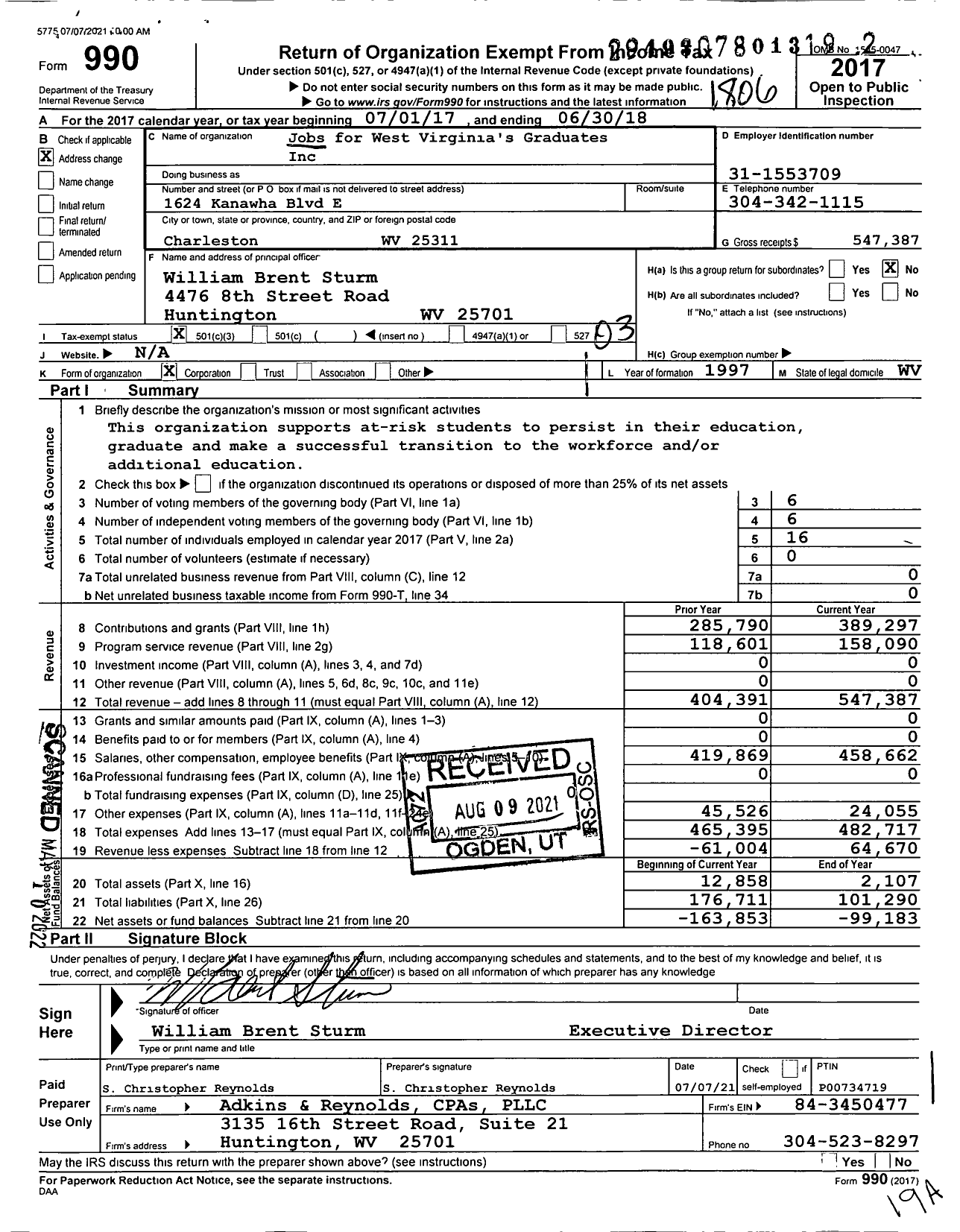 Image of first page of 2017 Form 990 for Jobs for West Virginias Graduates