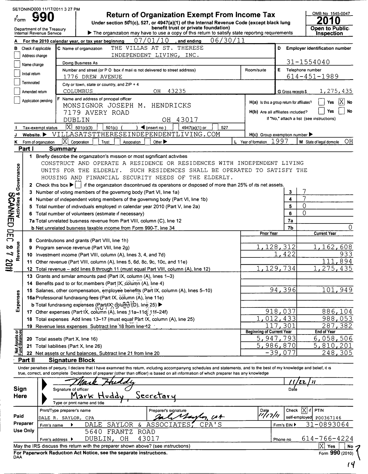 Image of first page of 2010 Form 990 for The Villas at St Therese Independent Living