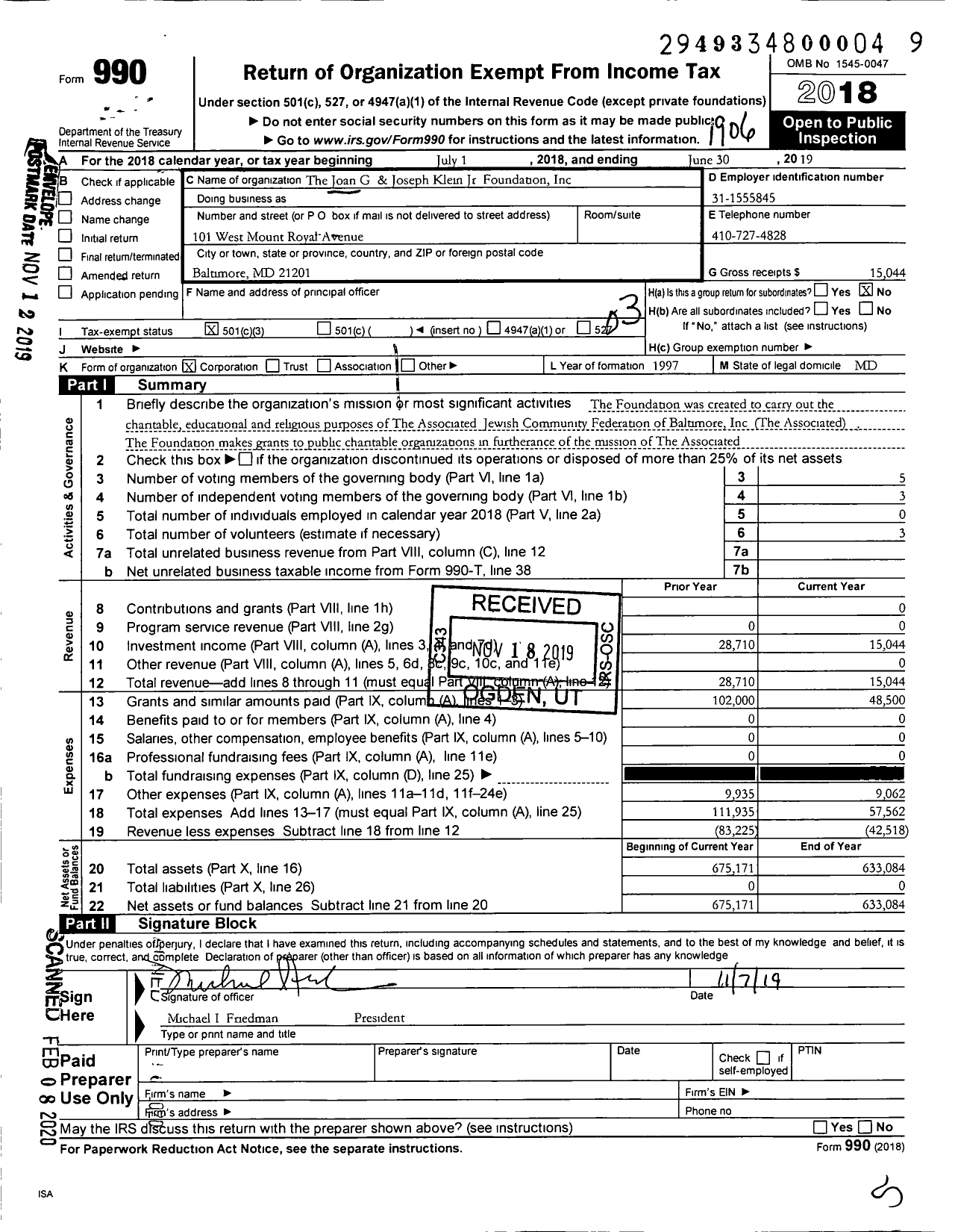 Image of first page of 2018 Form 990 for The Joan G and Joseph Klein JR Foundation