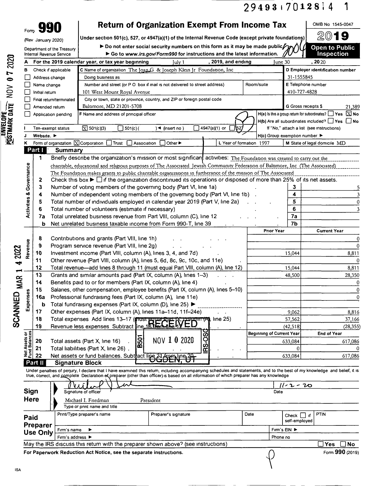 Image of first page of 2019 Form 990 for The Joan G and Joseph Klein JR Foundation