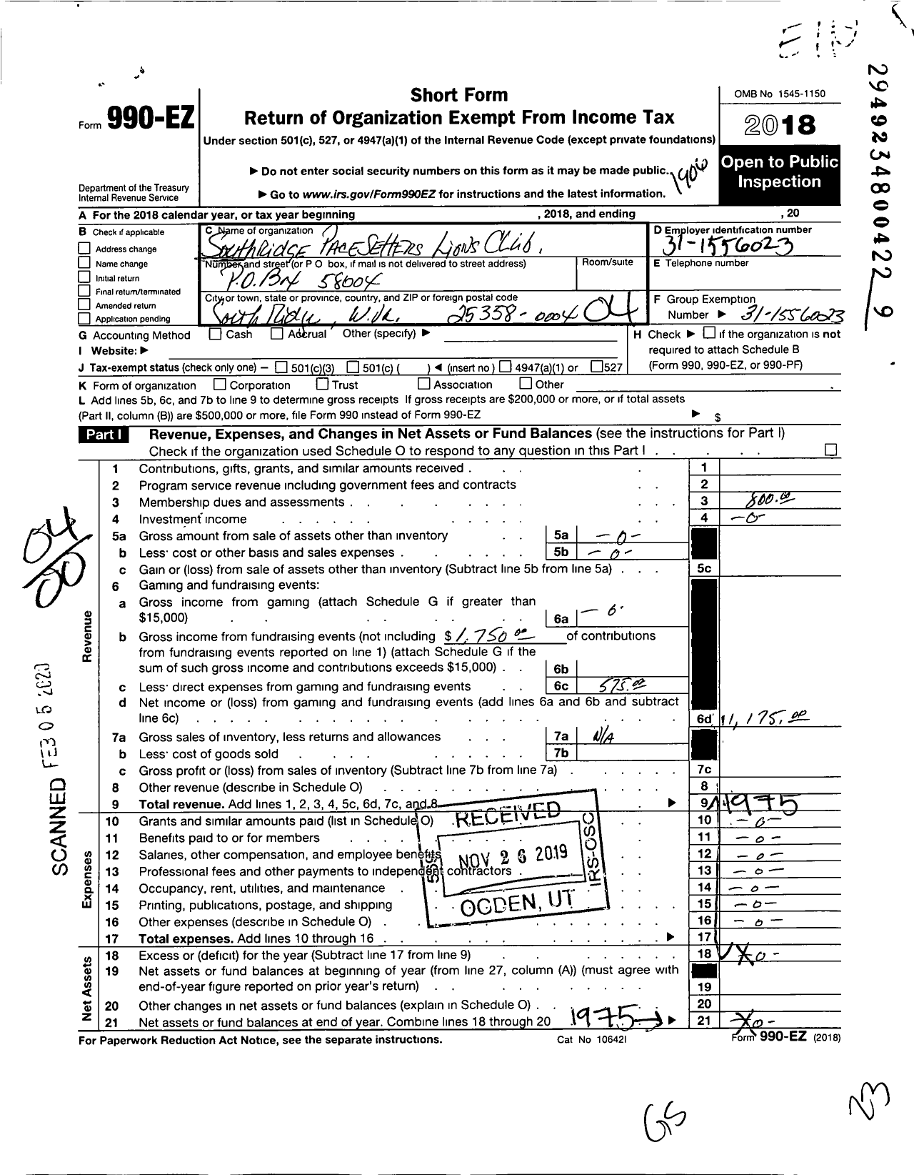 Image of first page of 2018 Form 990EO for Lions Clubs - 37466 Charleston Southrdg Pacesette