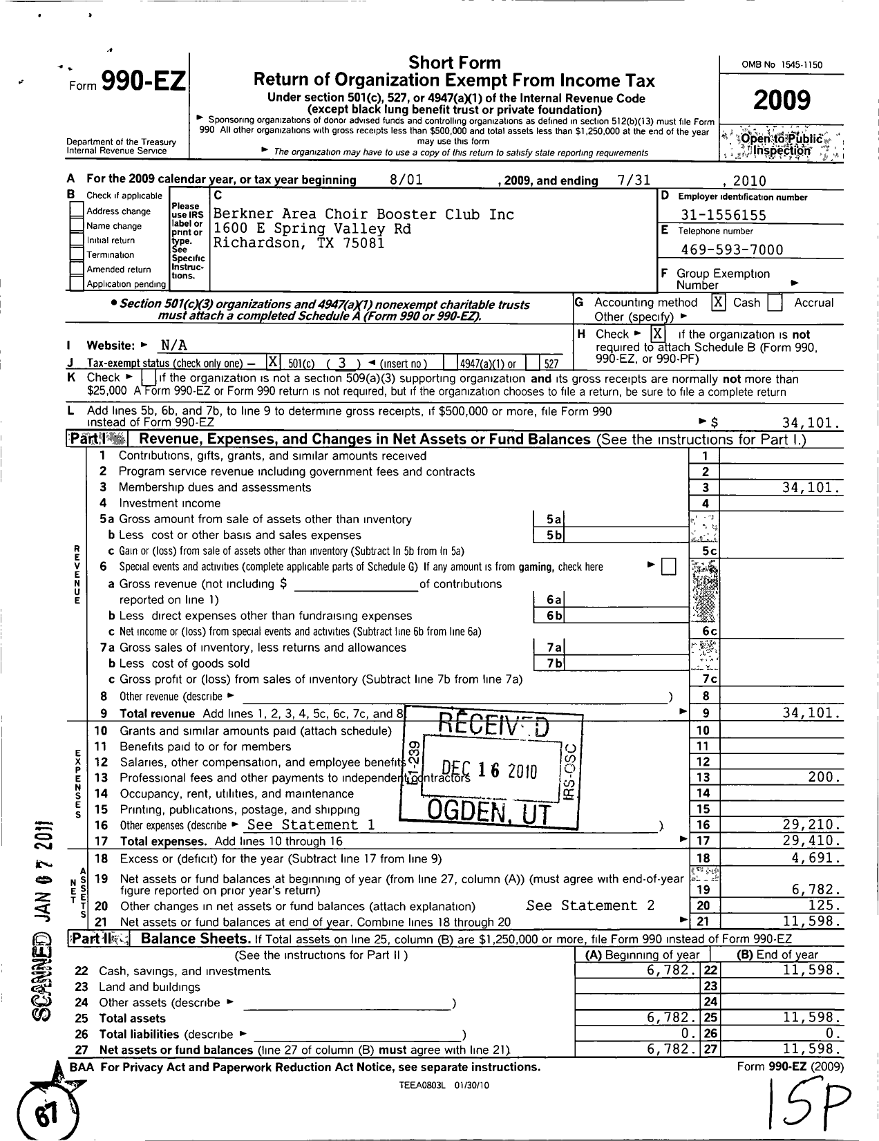 Image of first page of 2009 Form 990EZ for Berkner Area Choir Booster Club