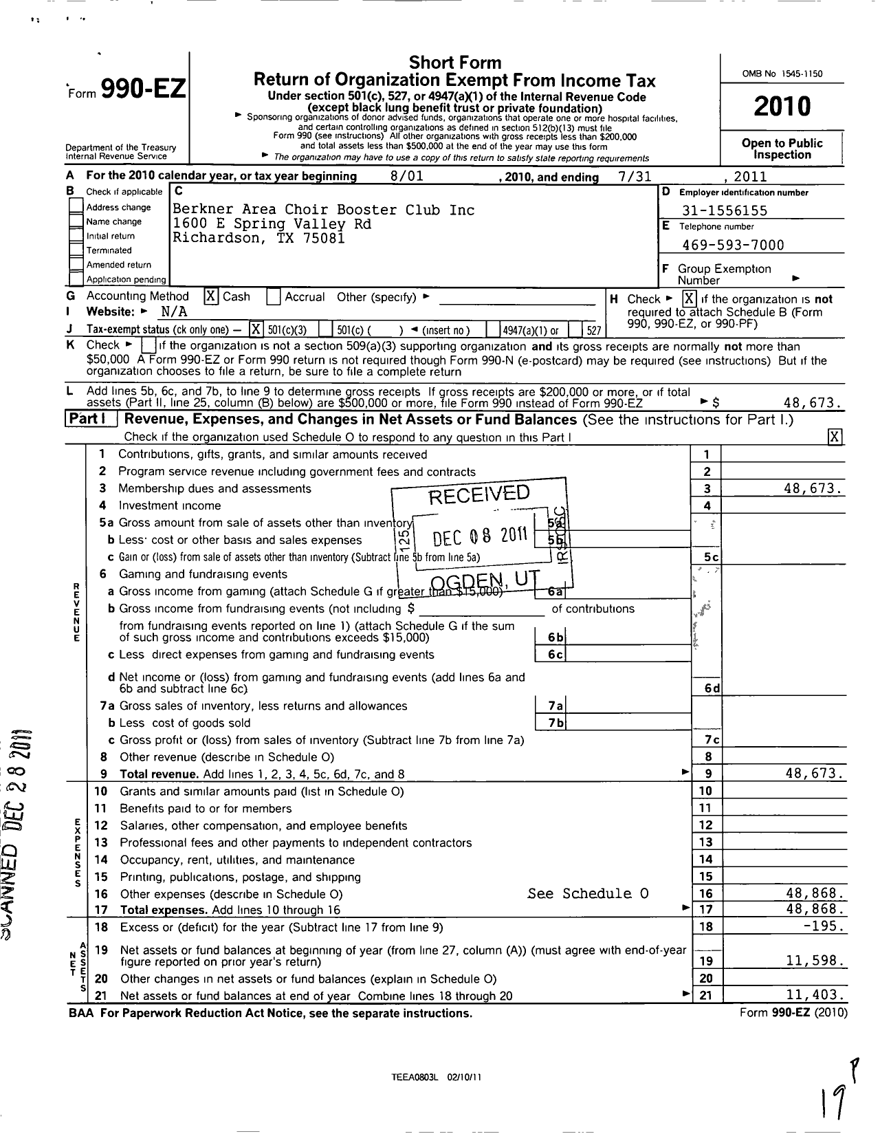 Image of first page of 2010 Form 990EZ for Berkner Area Choir Booster Club