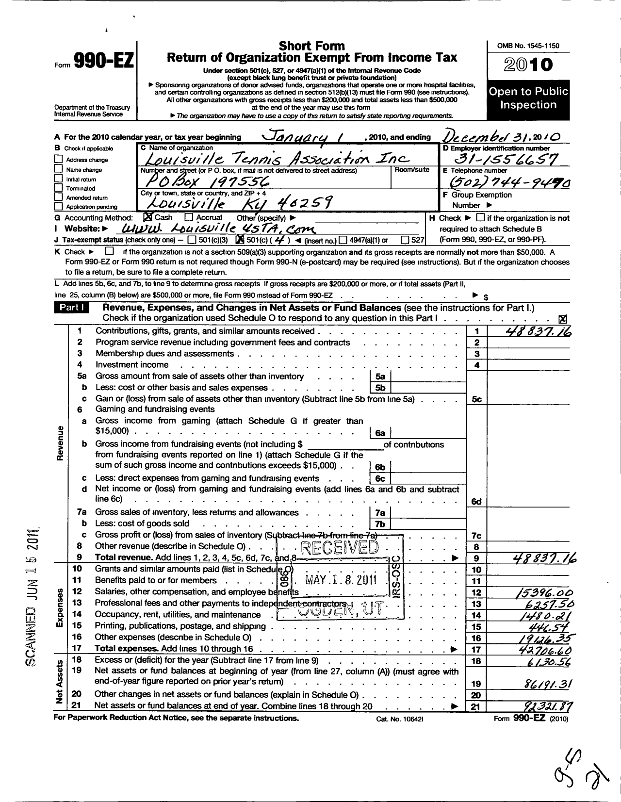 Image of first page of 2010 Form 990EO for Louisville Tennis Association