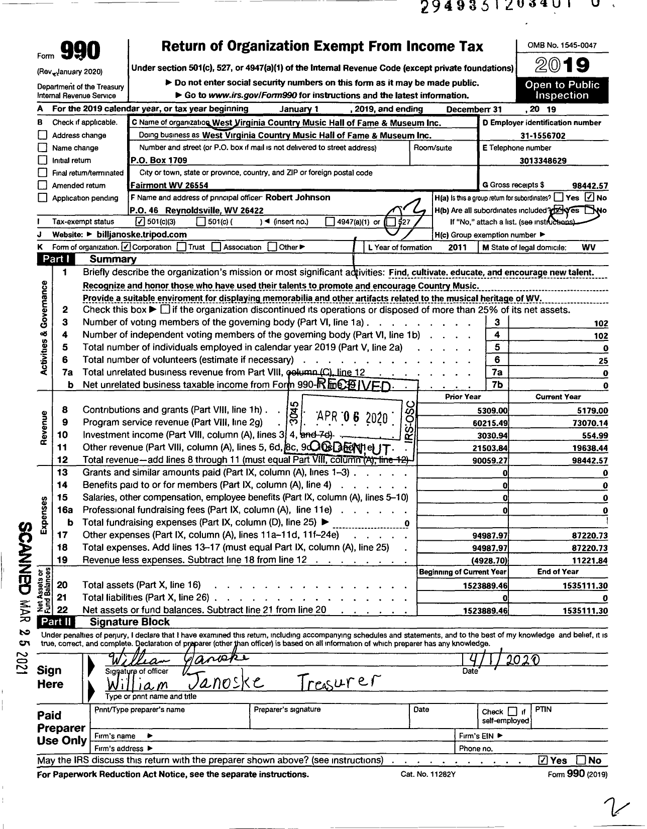 Image of first page of 2019 Form 990 for West Virginia Country Music Hall of Fame and Museum