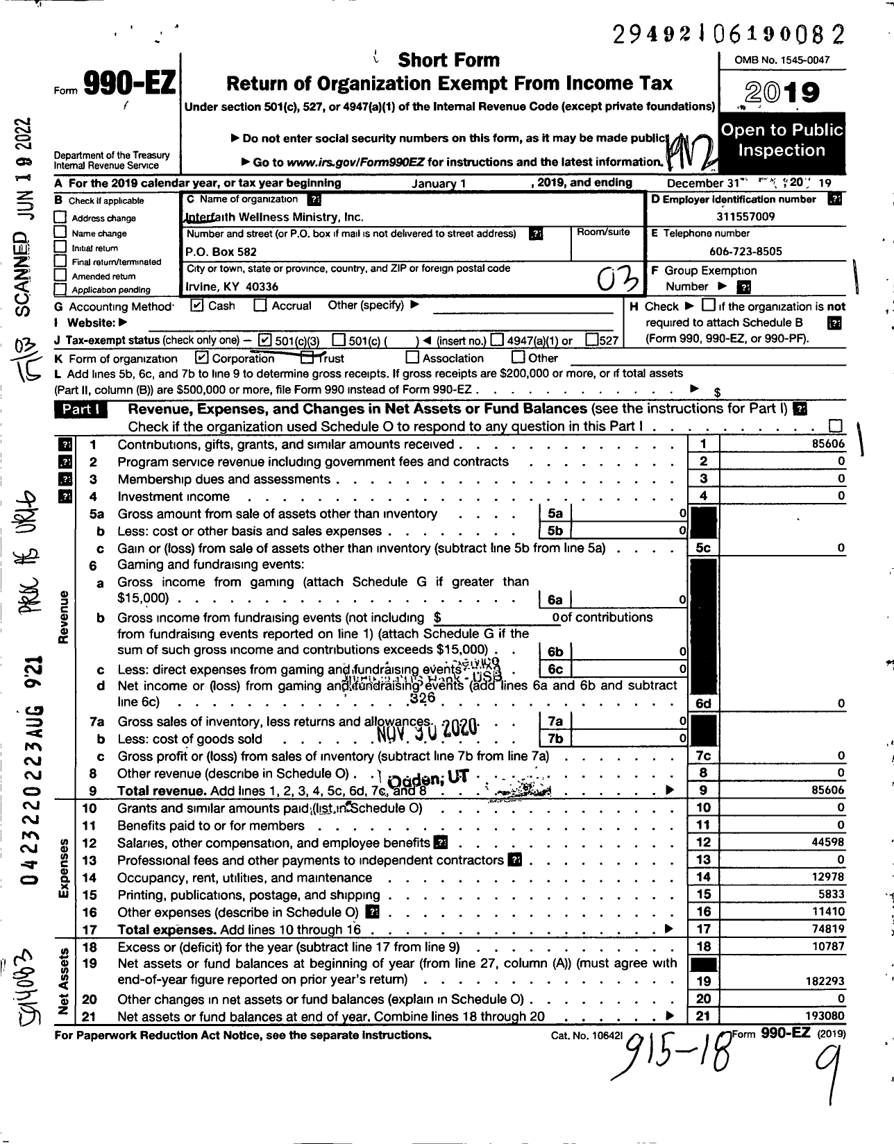 Image of first page of 2019 Form 990EZ for Interfaith Wellness Ministry