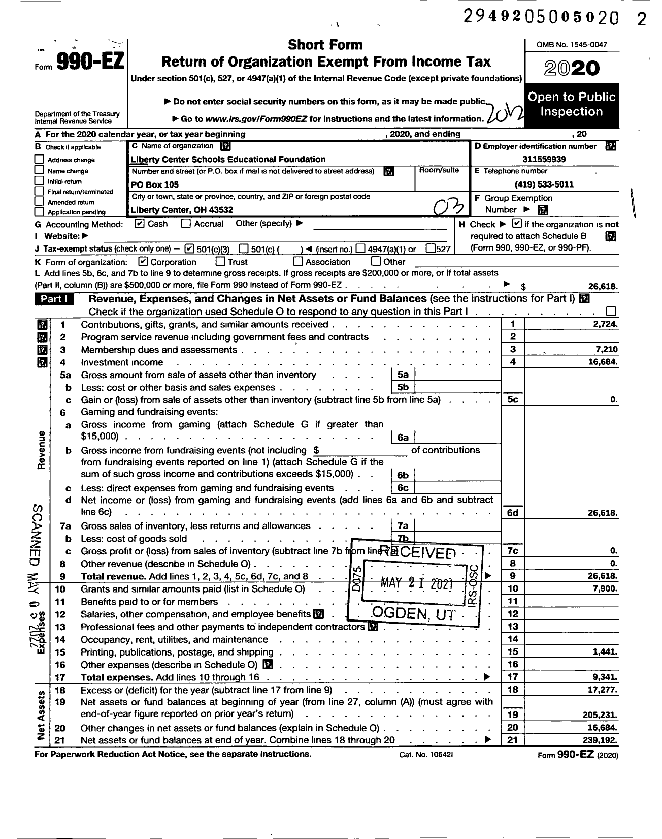 Image of first page of 2020 Form 990EZ for Liberty Center Schools Educational Foundation