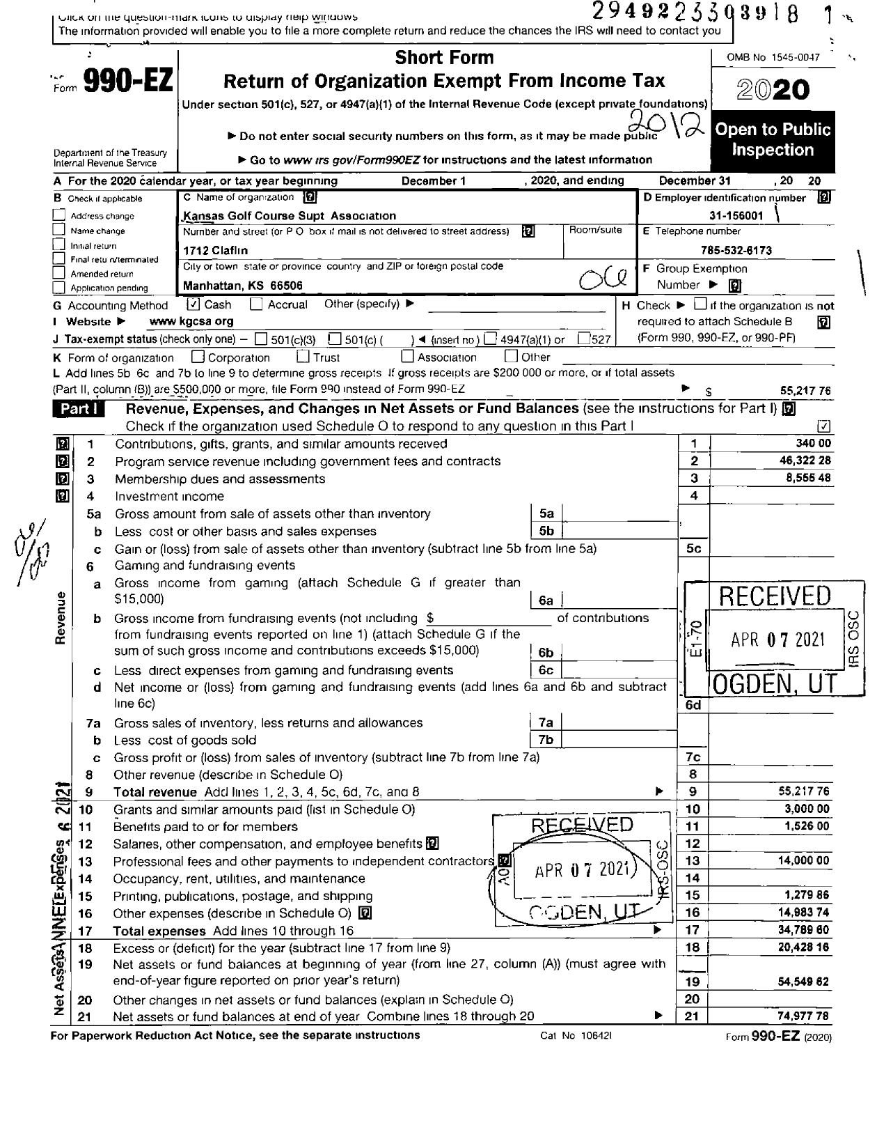 Image of first page of 2020 Form 990EO for KANSAS GOLF COURSE Superintendents ASSOCIATION