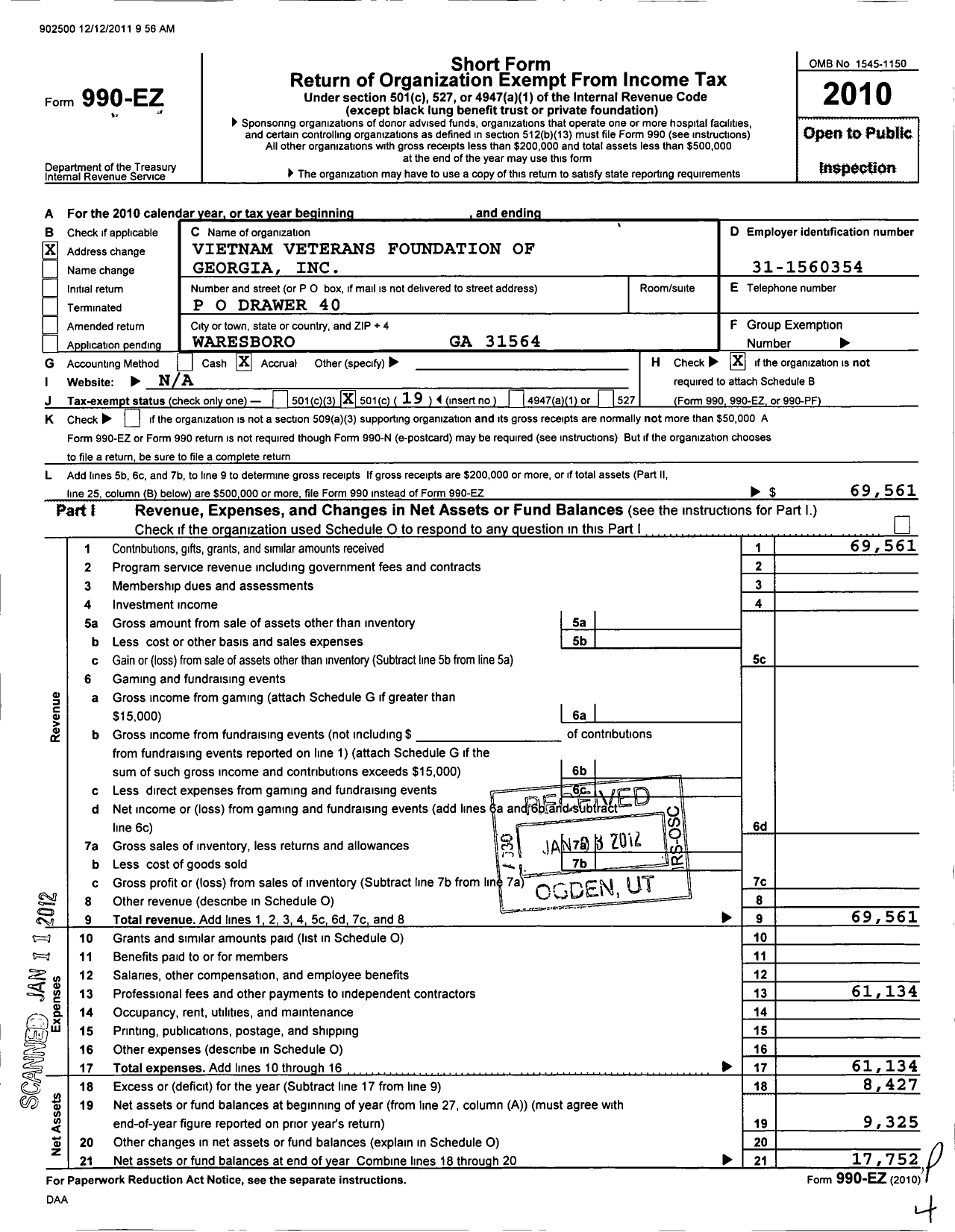 Image of first page of 2010 Form 990EO for Vietnam Veterans Foundation of Georgia