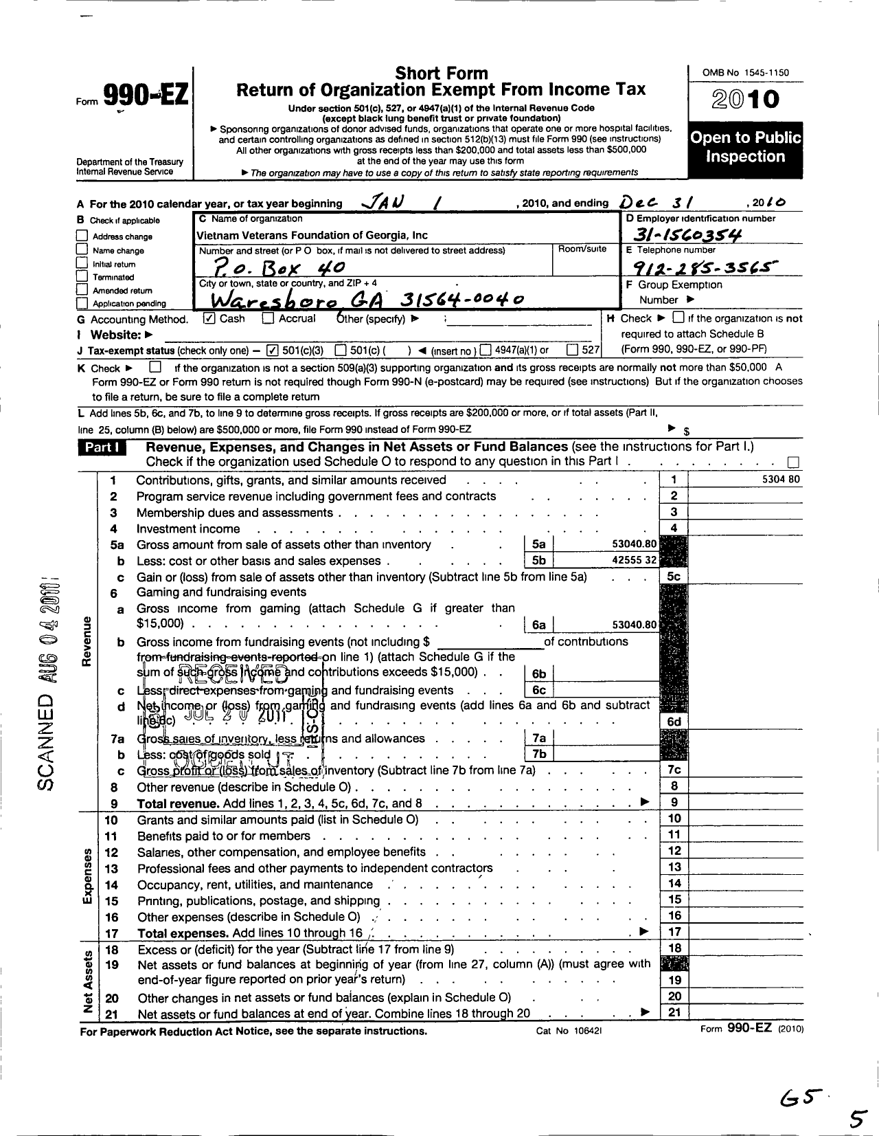 Image of first page of 2010 Form 990EZ for Vietnam Veterans Foundation of Georgia