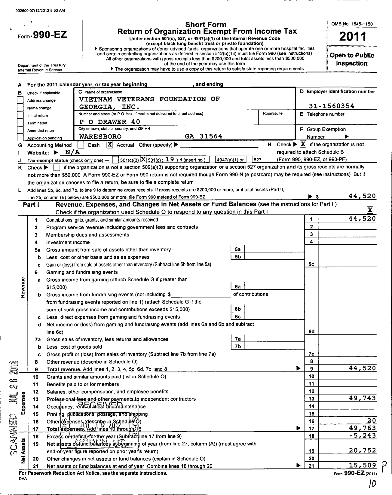 Image of first page of 2011 Form 990EO for Vietnam Veterans Foundation of Georgia