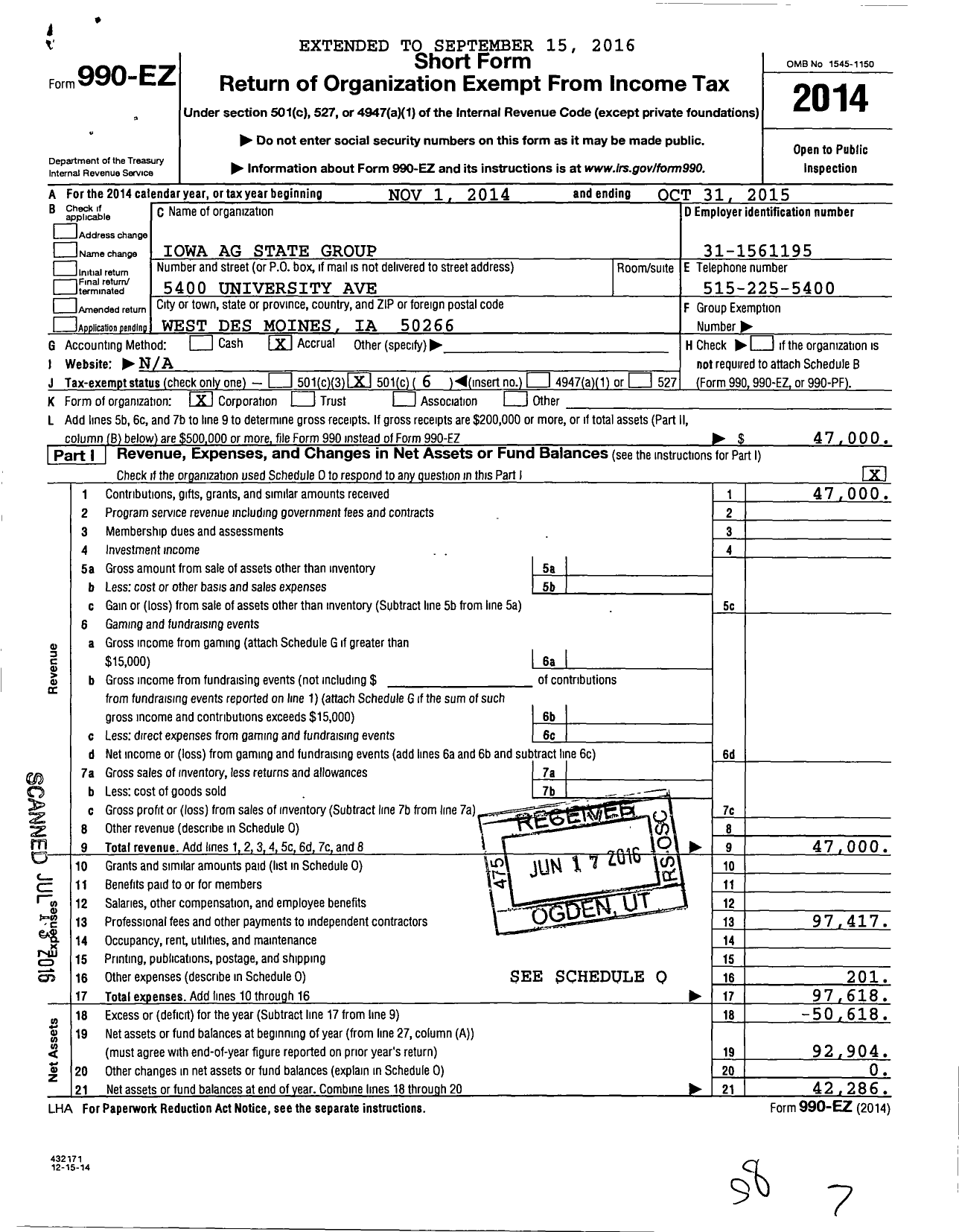 Image of first page of 2014 Form 990EO for Iowa AgState Group