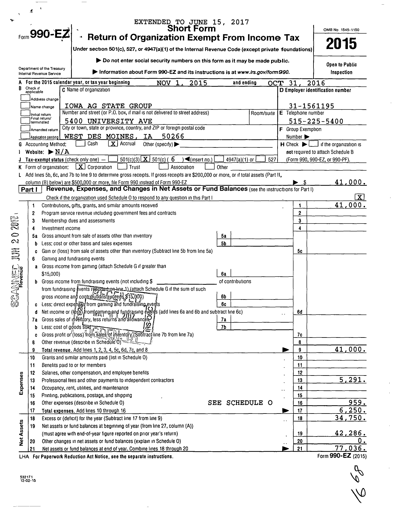 Image of first page of 2015 Form 990EO for Iowa AgState Group