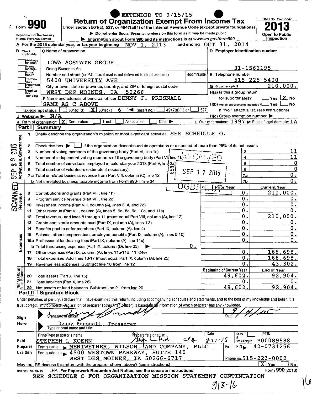 Image of first page of 2013 Form 990O for Iowa AgState Group