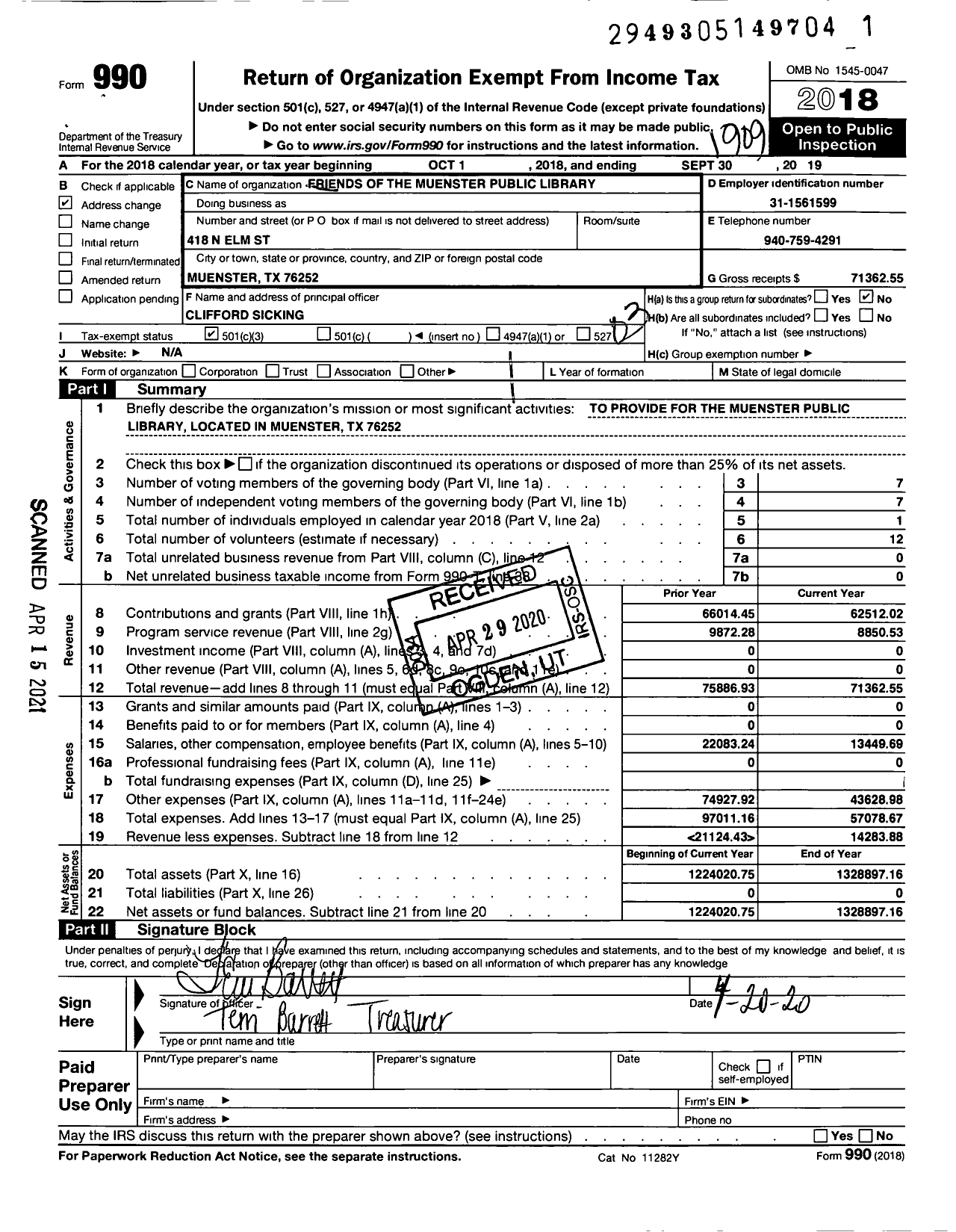 Image of first page of 2018 Form 990 for Friends of the Muenster Public Library