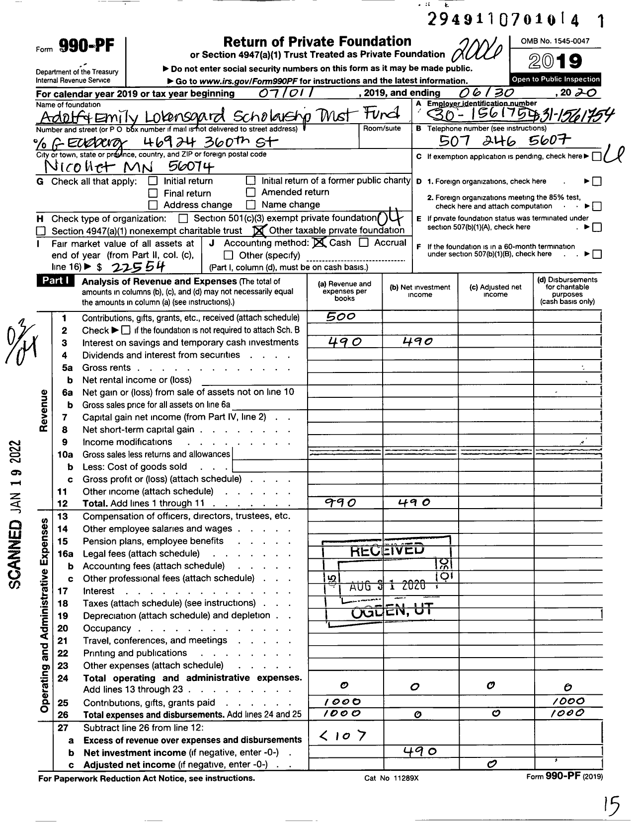 Image of first page of 2019 Form 990PF for Adolph and Emily Lokensgard Scholarship Trust Fund