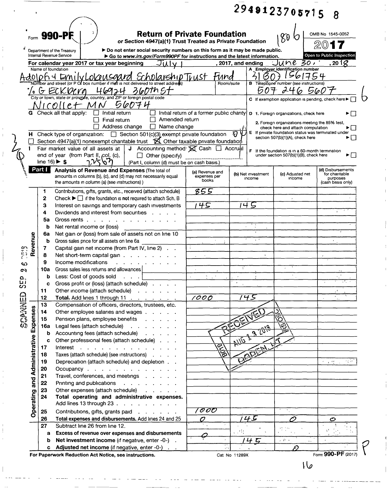 Image of first page of 2017 Form 990PF for Adolph and Emily Lokensgard Scholarship Trust Fund