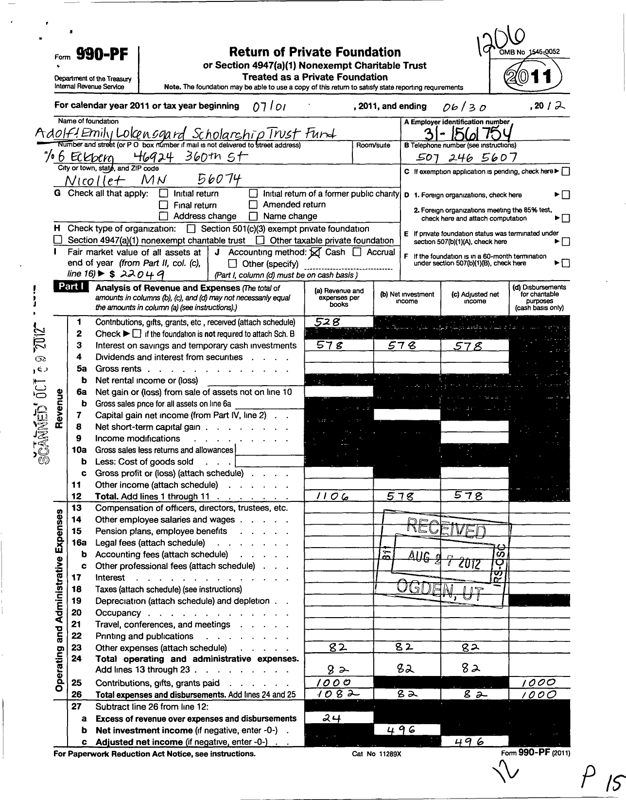 Image of first page of 2011 Form 990PF for Adolph and Emily Lokensgard Scholarship Trust Fund